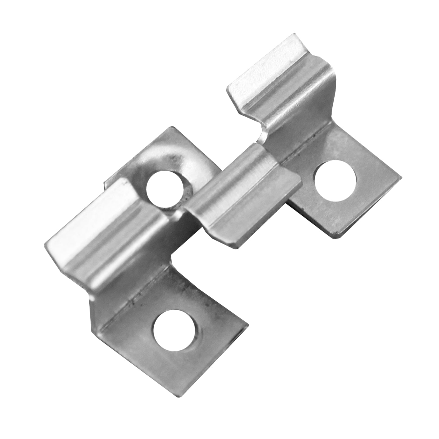 Clip de fijación metálica con perno para Deck Terraza Classic, pieza de acero inoxidable con doble perforación y puente central de sujeción (vista frontal)