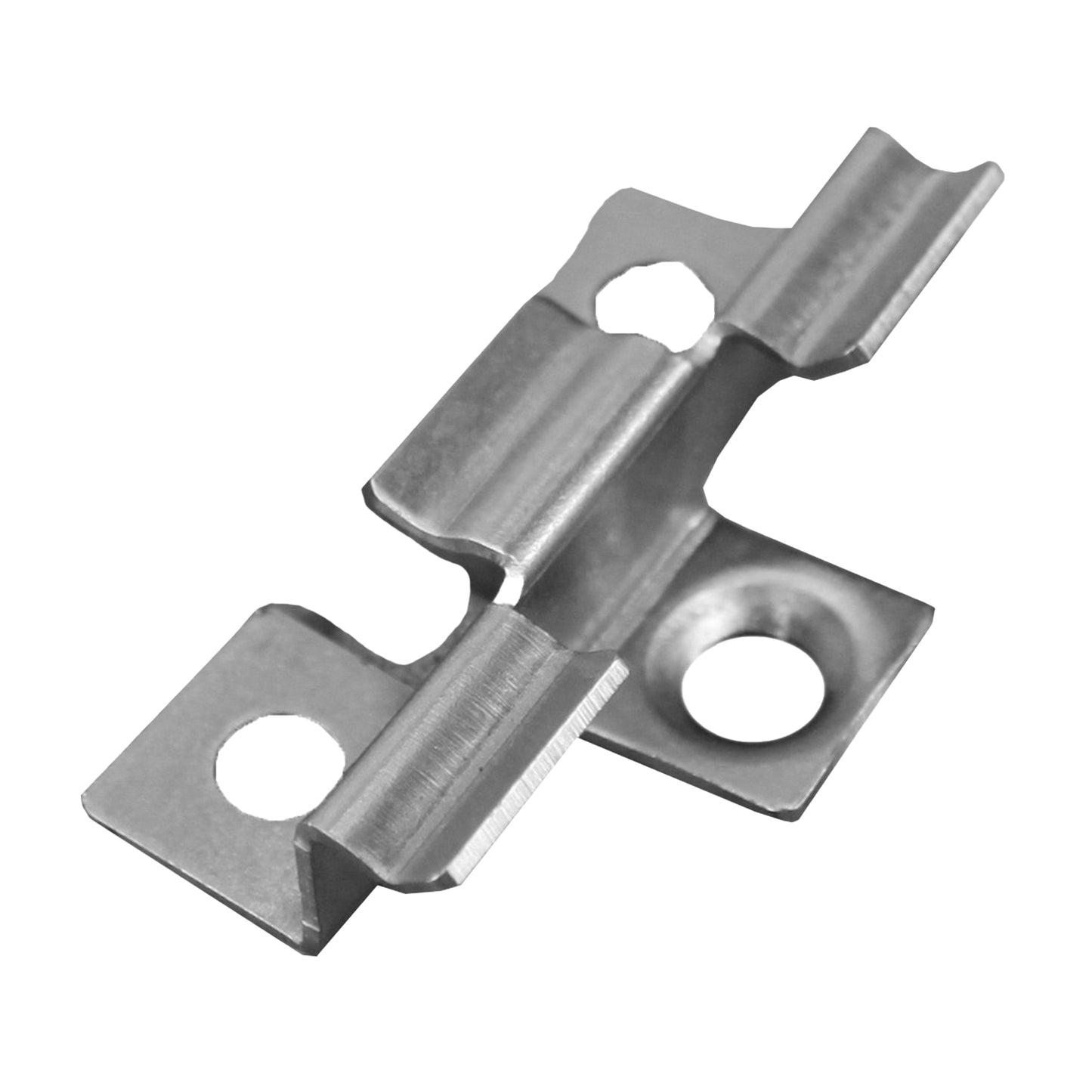 Clip de fijación metálica para Deck Terraza Classic, vista superior del puente central y perforaciones de anclaje para instalación de tablas