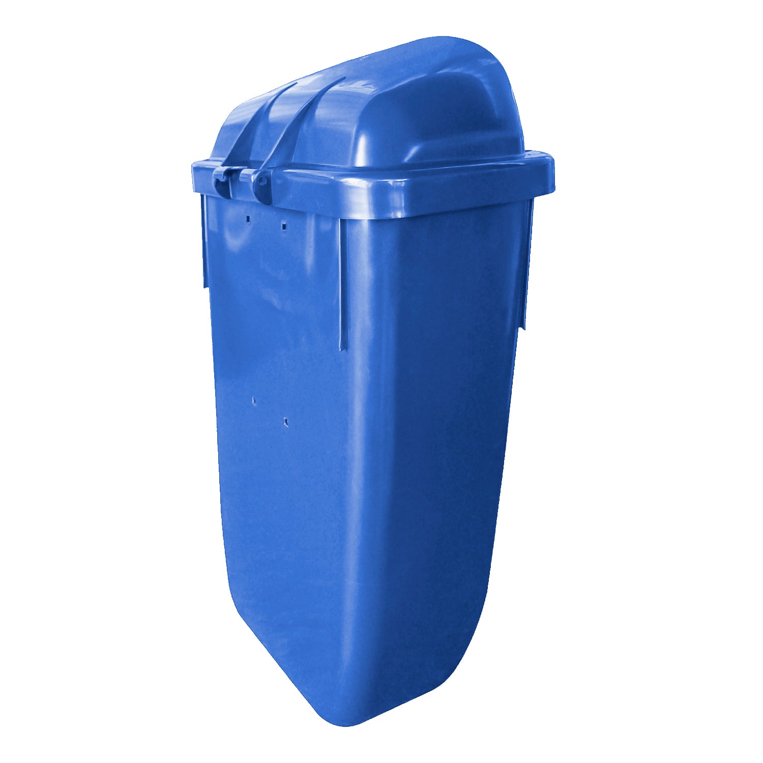 Basurero mural 50 litros azul vista lateral mostrando profundidad y forma del contenedor
