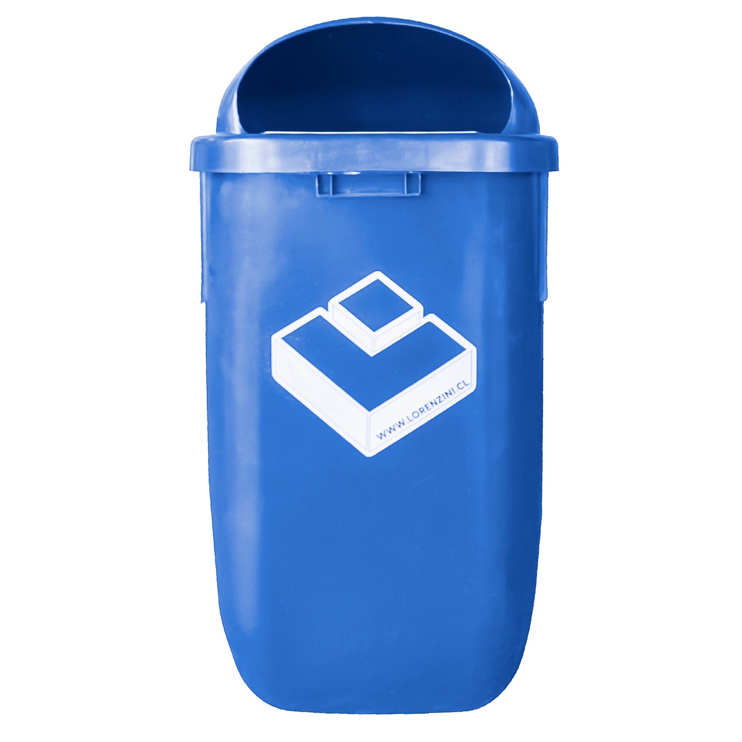 Basurero mural 50 litros azul instalado en muro con símbolo de reciclaje visible
