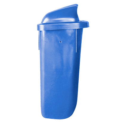 Basurero mural 50 litros azul vista frontal completa con tapa cerrada
