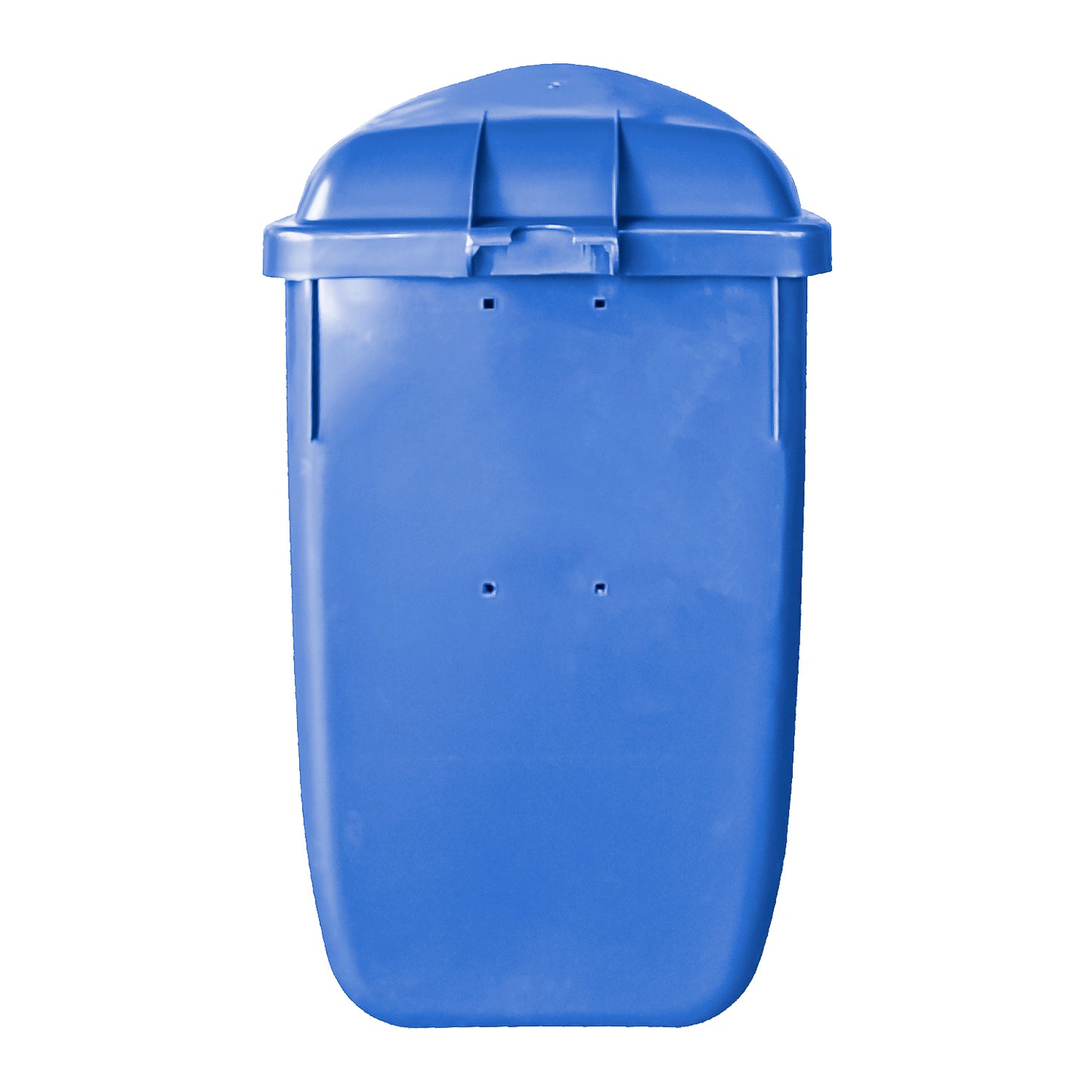 Basurero mural 50 litros azul vista posterior mostrando sistema de fijación a muro
