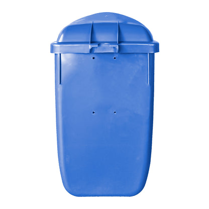 Basurero mural 50 litros azul vista posterior mostrando sistema de fijación a muro
