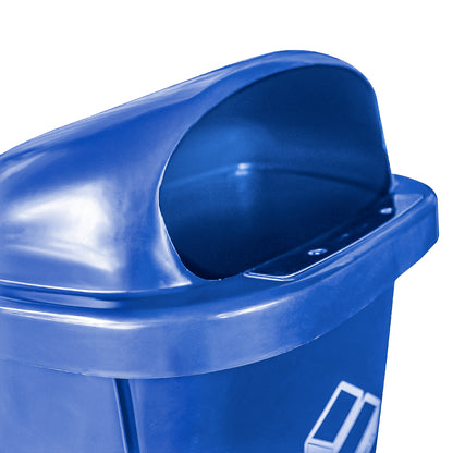 Detalle de tapa abatible del basurero mural 50 litros azul para depósito de residuos

