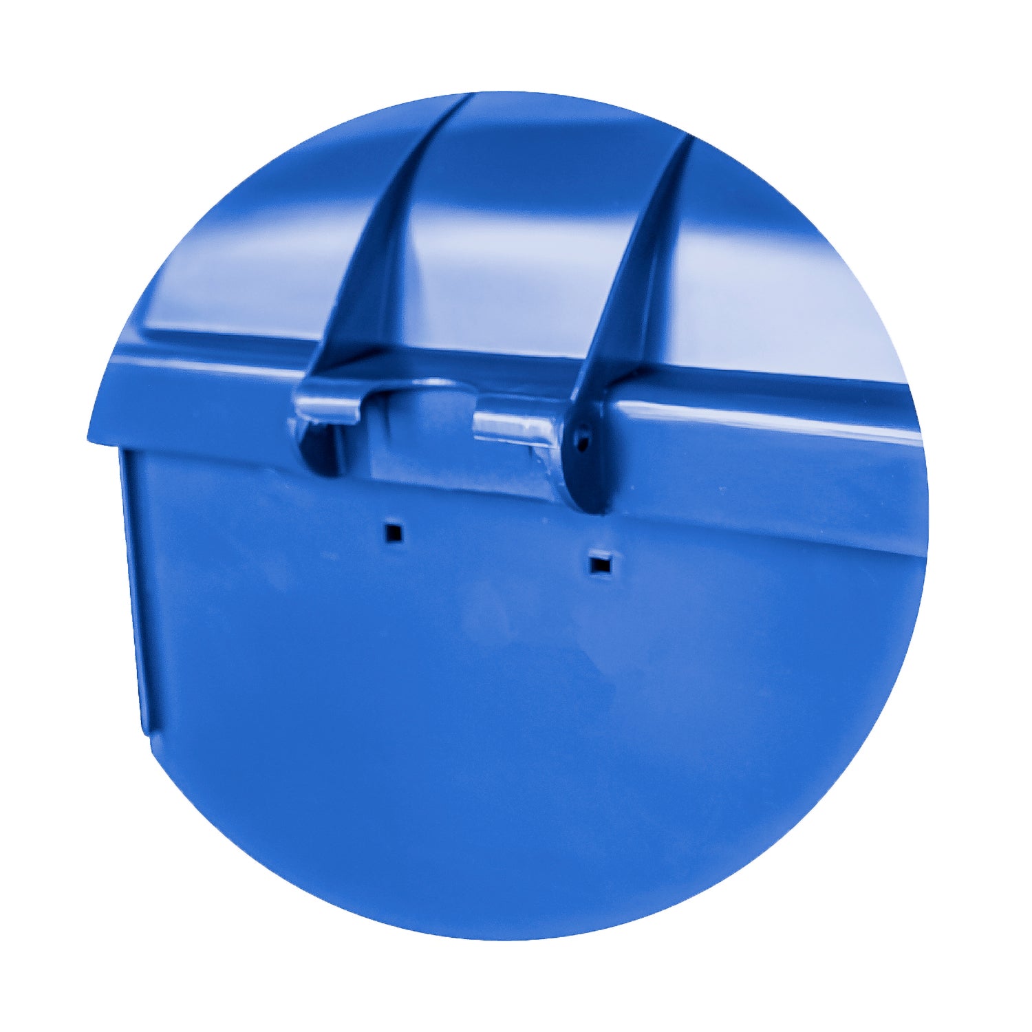 Vista superior del basurero mural 50 litros azul mostrando diseño de la tapa
