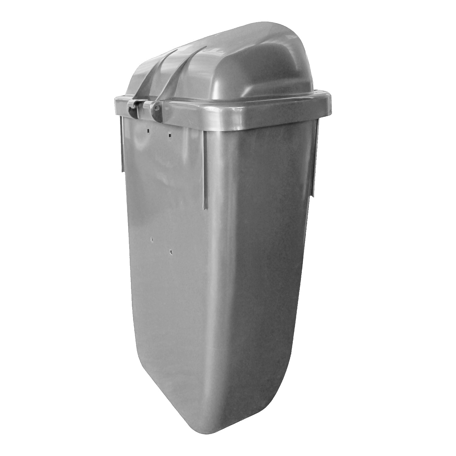 Basurero mural 50 litros gris vista posterior mostrando sistema de fijación a muro
