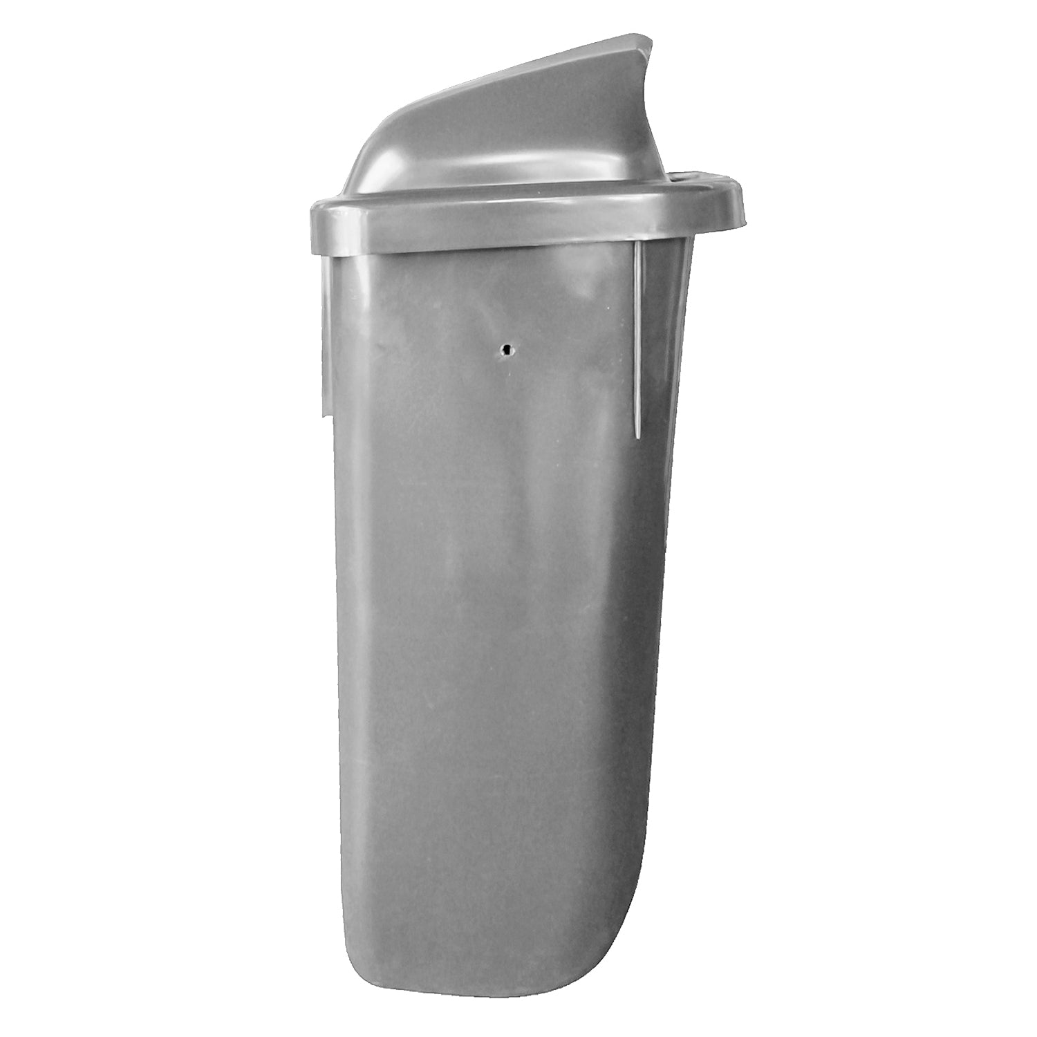 Basurero mural 50 litros gris instalado en muro con símbolo de reciclaje visible
