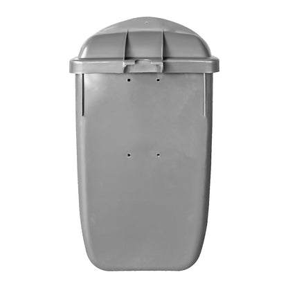 Basurero mural 50 litros gris vista posterior mostrando sistema de fijación a muro
