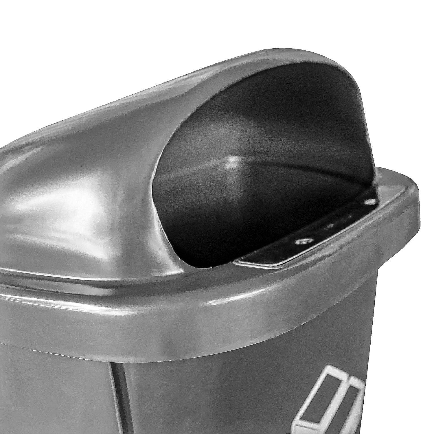 Detalle de tapa abatible del basurero mural 50 litros gris para depósito de residuos
