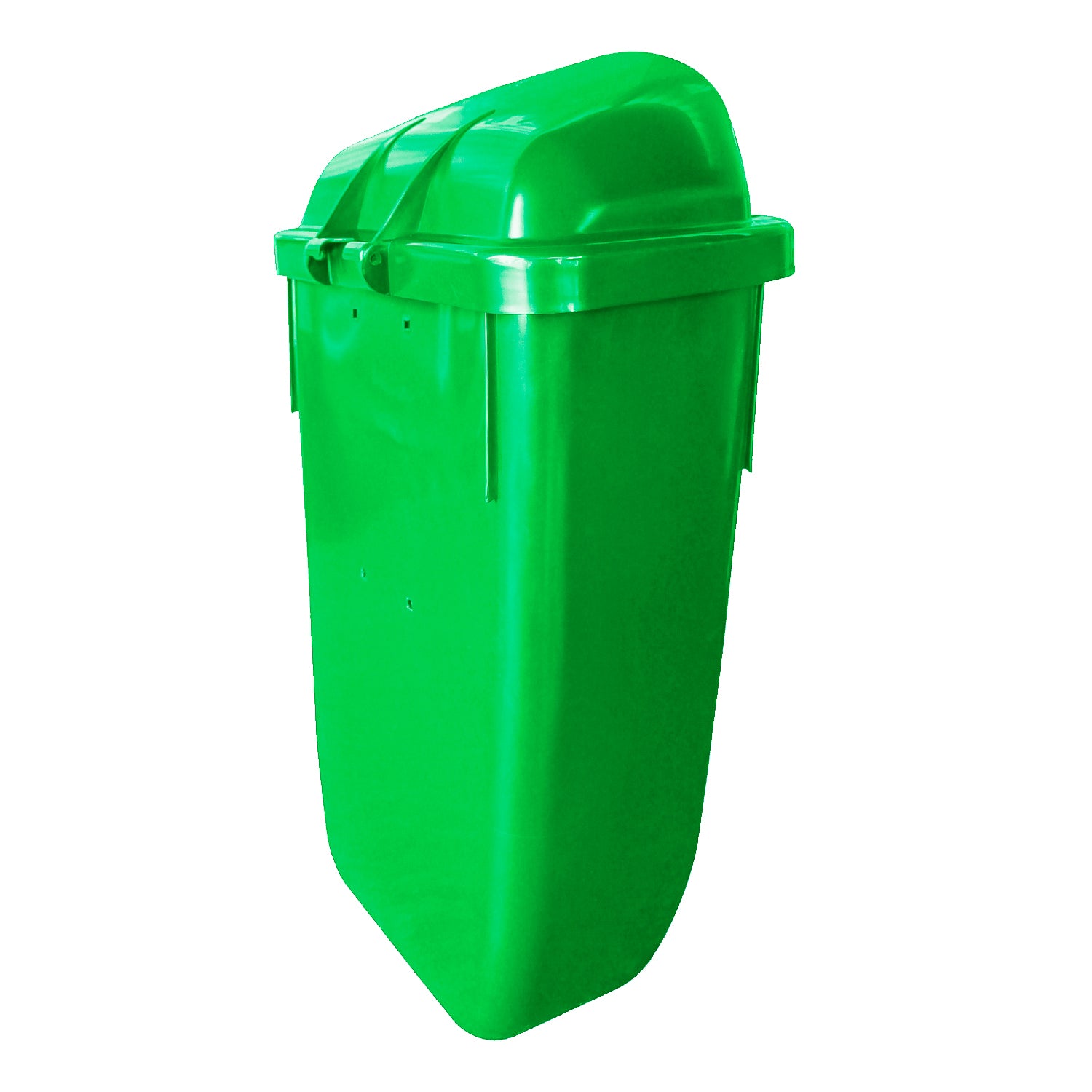 Basurero mural 50 litros verde vista lateral mostrando profundidad y forma del contenedor
