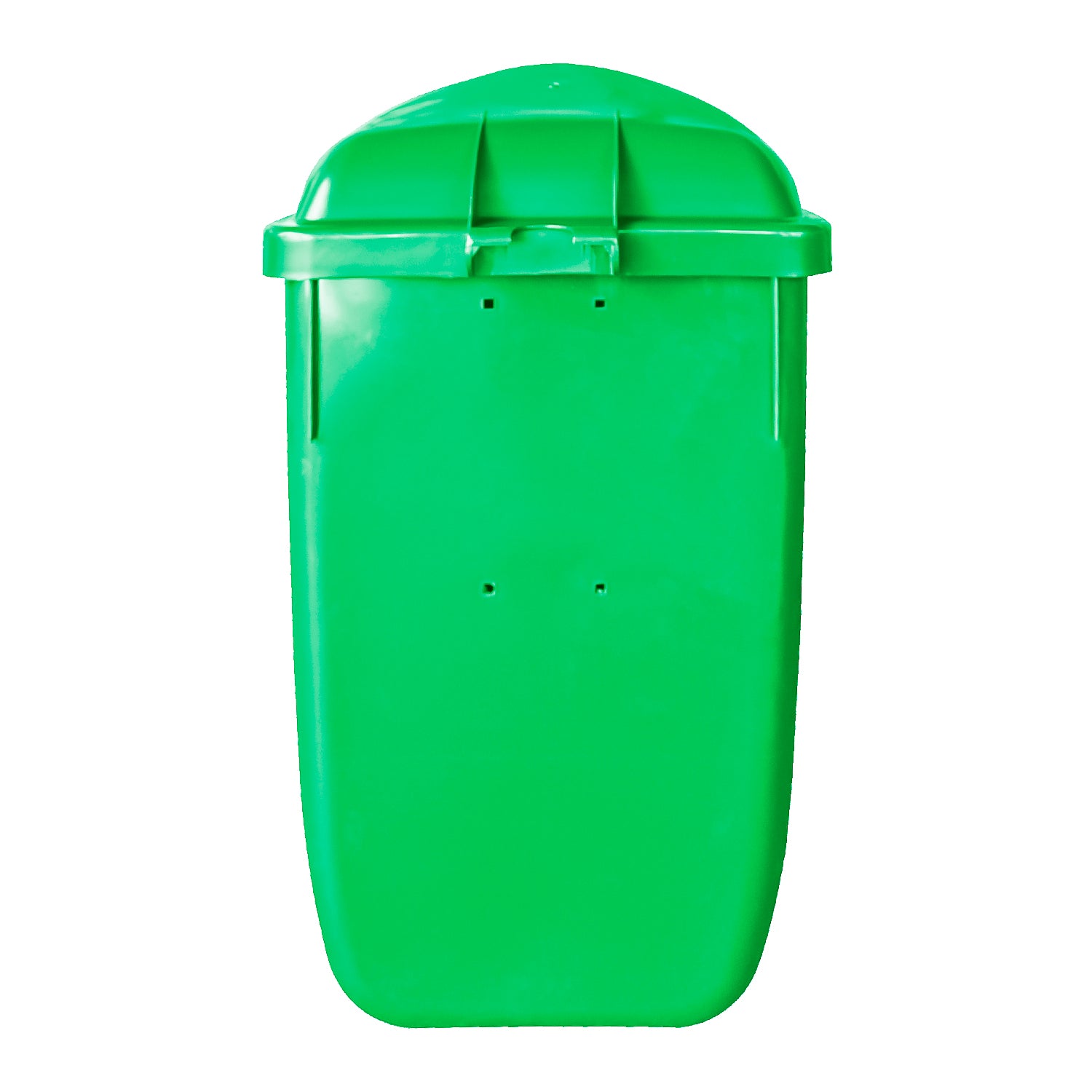 Basurero mural 50 litros verde vista posterior mostrando sistema de fijación a muro
