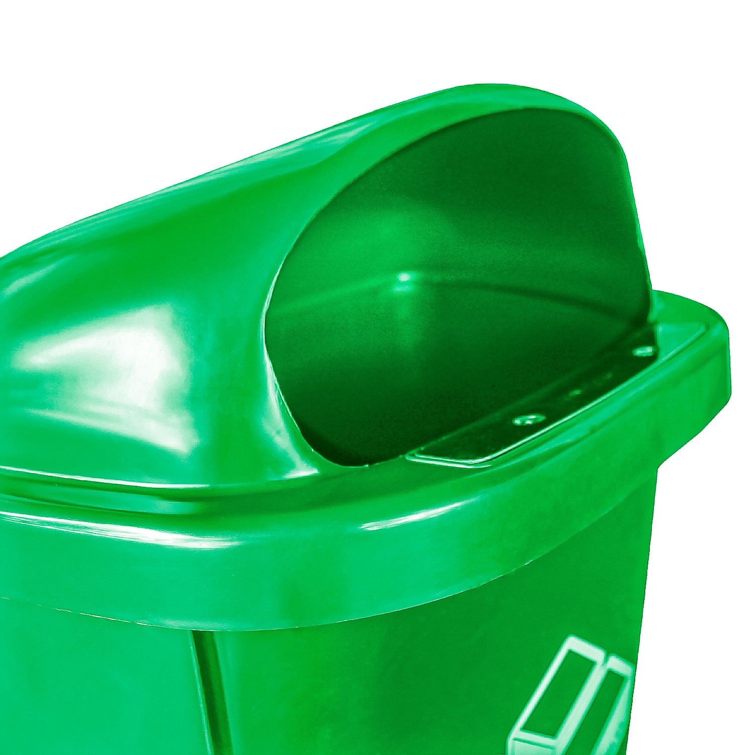 Detalle de tapa abatible del basurero mural 50 litros verde para depósito de residuos
