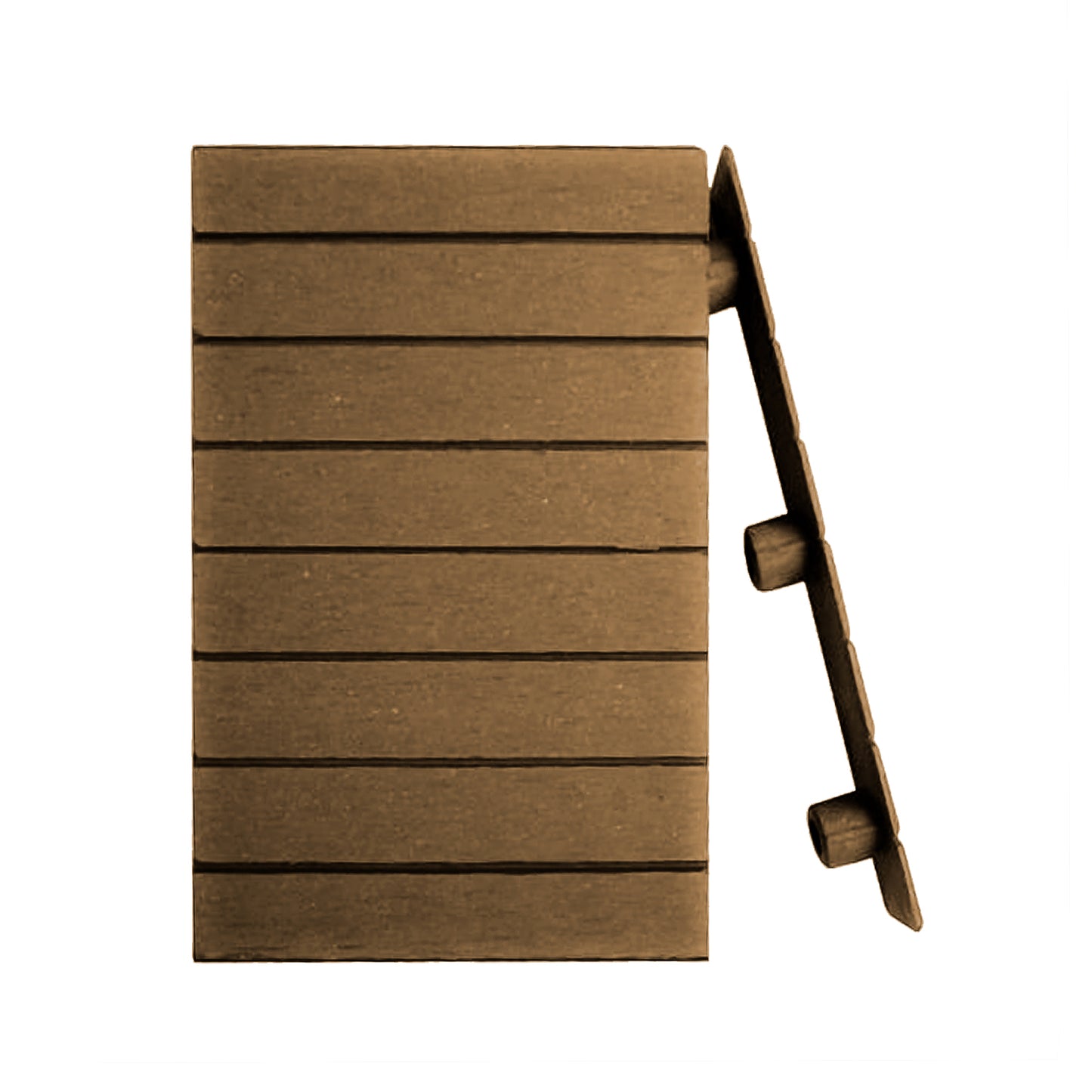 Terminación encastrable Deck Terraza color cedro 135x25x16 mm, pieza de remate para extremo de tabla con vista frontal y lateral de encaje