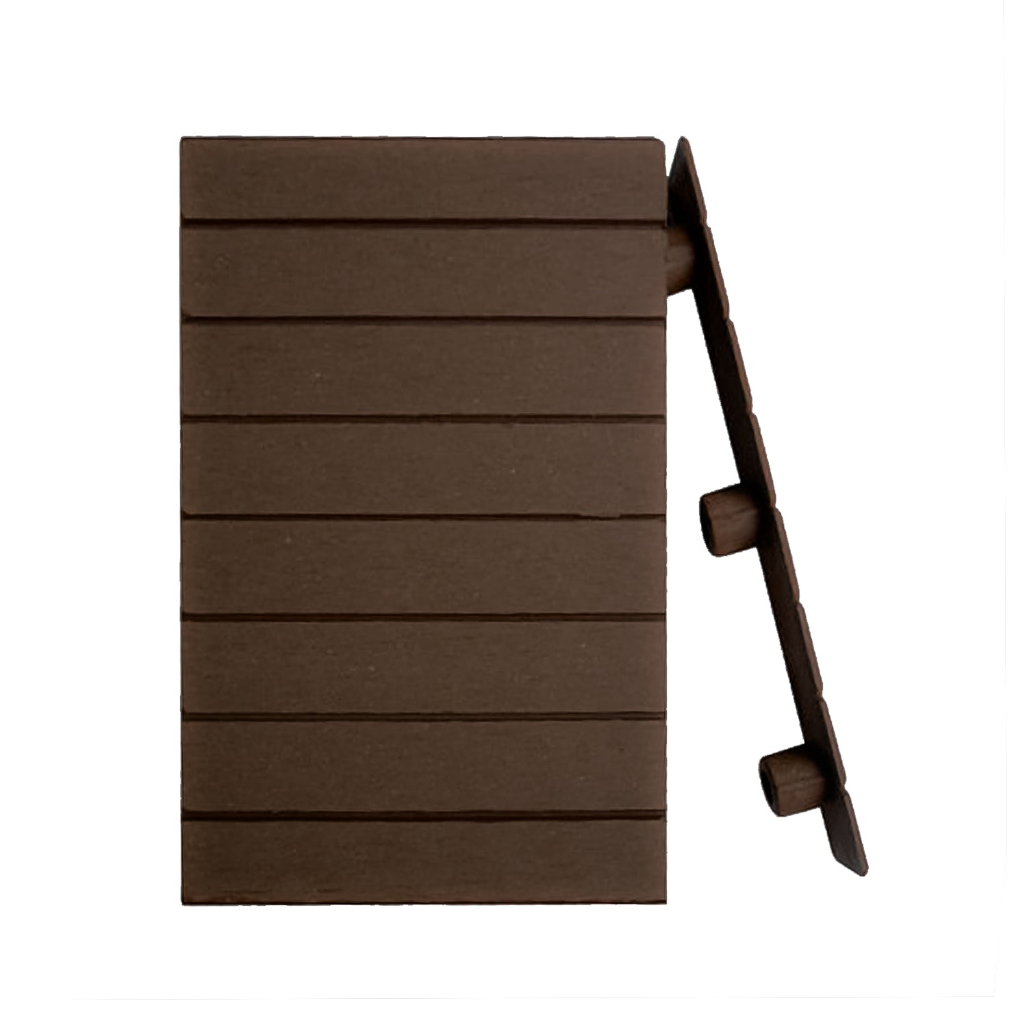 Terminación encastrable WPC color chocolate para Deck Terraza, vista frontal con ranuras y perfil lateral con pestañas de encastre