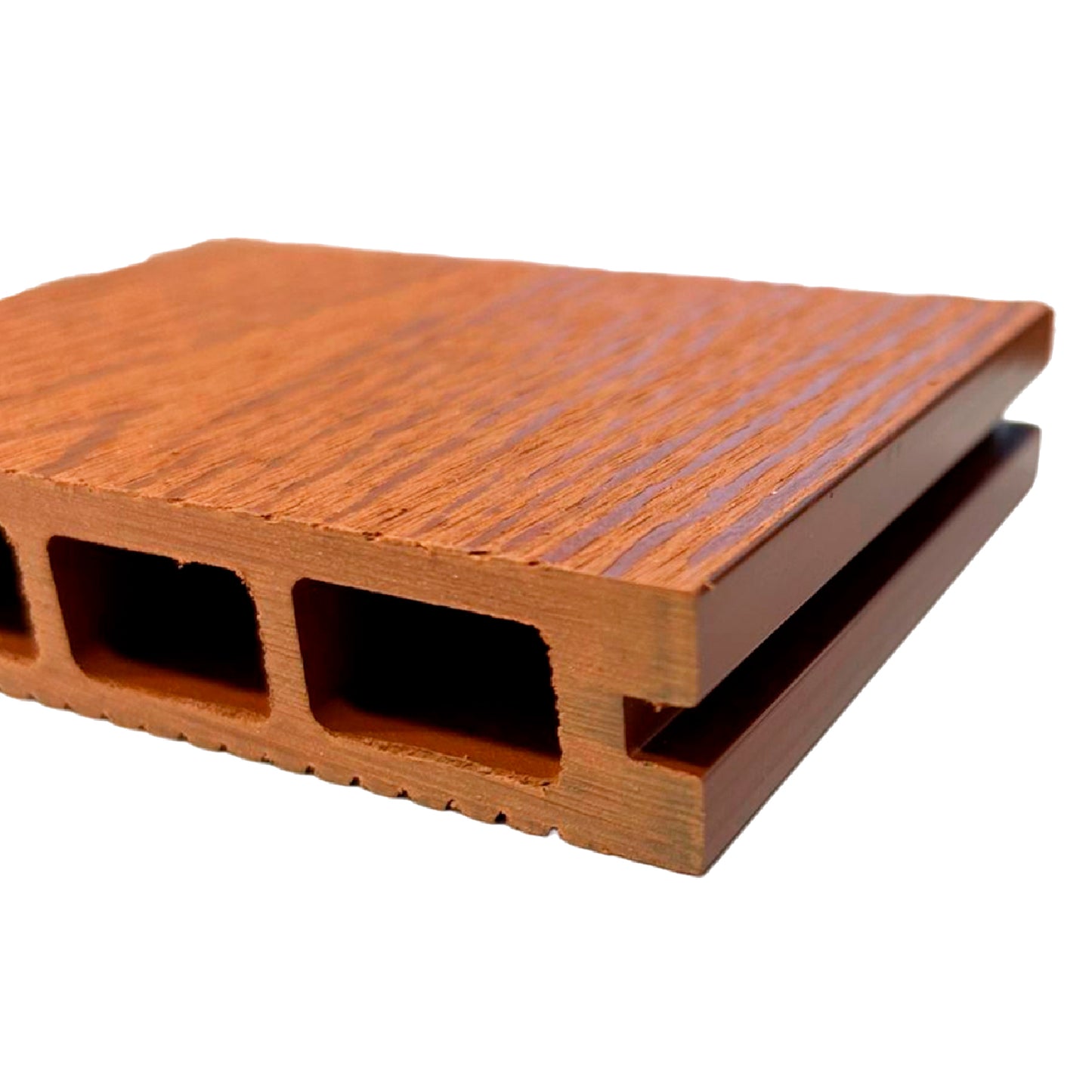 Tabla Deck Terraza WPC Classic cedro, detalle de unión lateral tipo encastre en el canto
