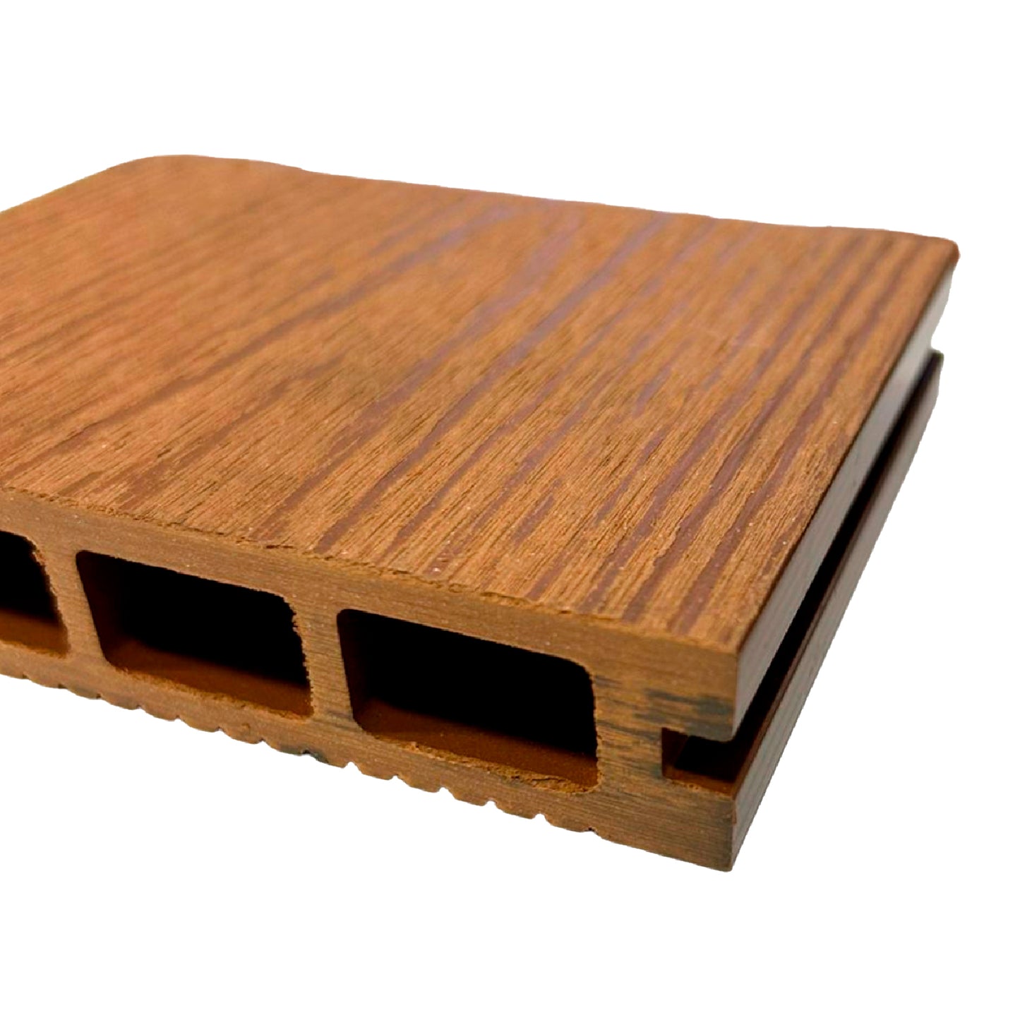 Tabla Deck Terraza WPC Classic color madera, vista en perspectiva de la cara posterior acanalada con cavidades internas visibles

