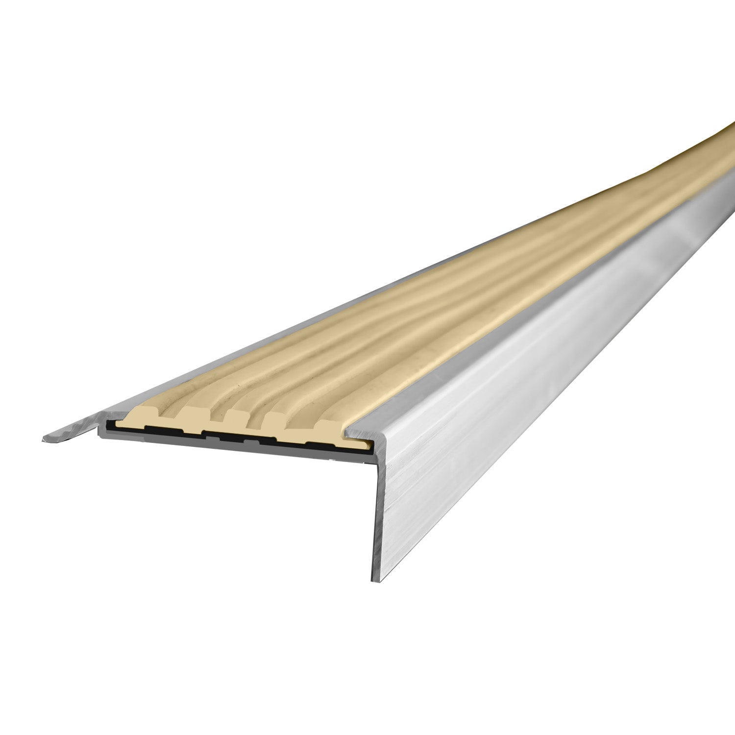 Detalle de esquina de nariz de aluminio y PVC con goma beige