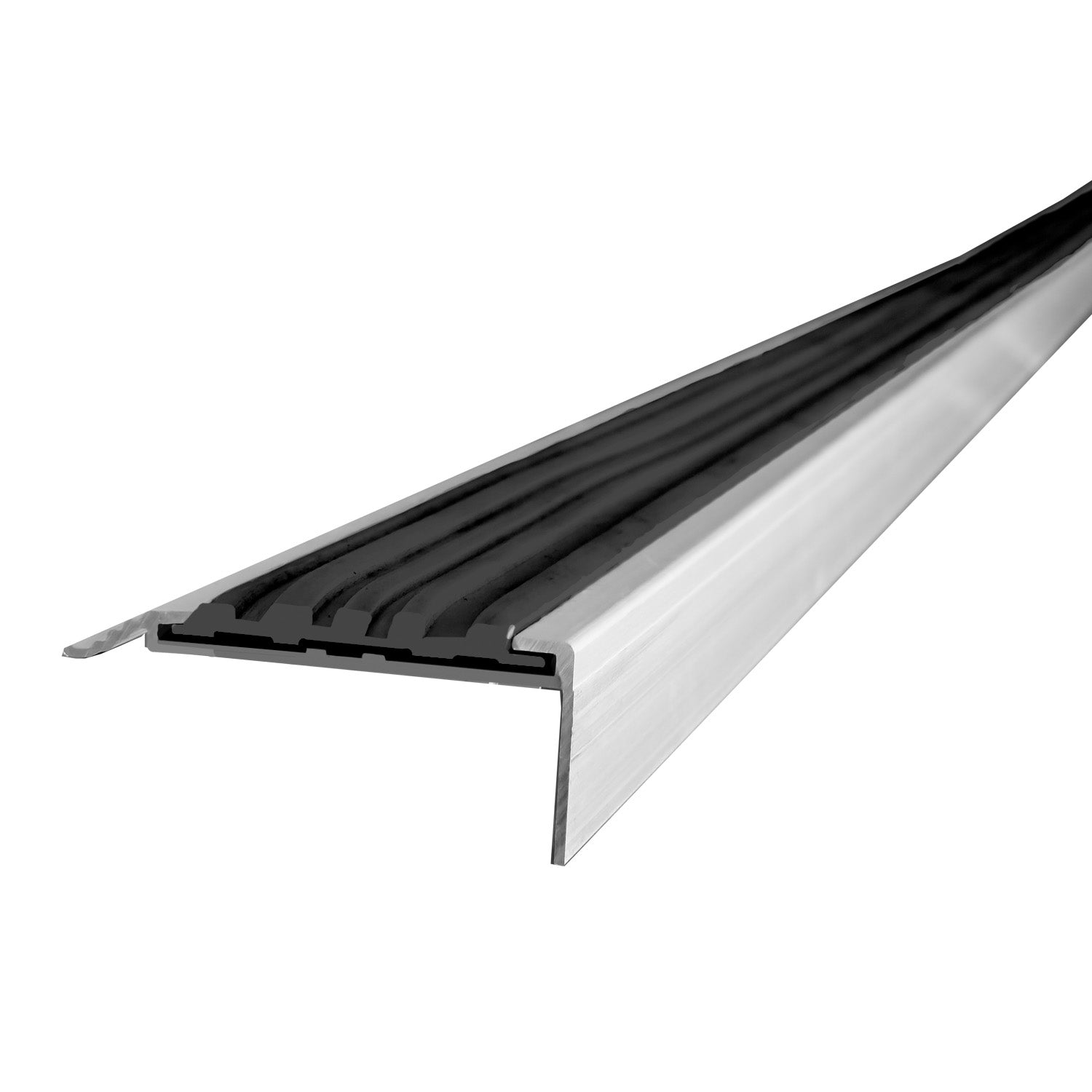 Detalle de esquina de nariz de aluminio y PVC con goma negra