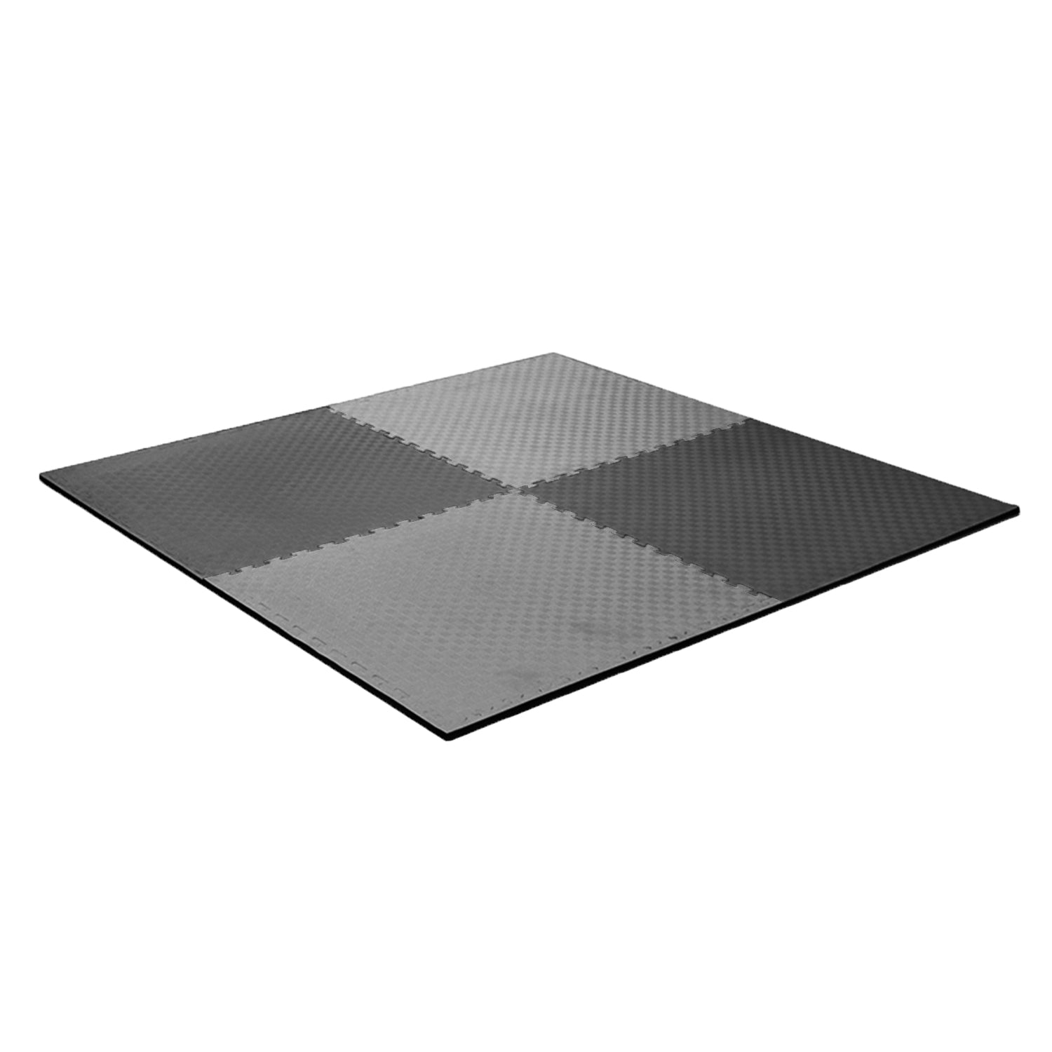 Detalle de unión entre módulos de tatami EVA negro y gris para superficies continuas