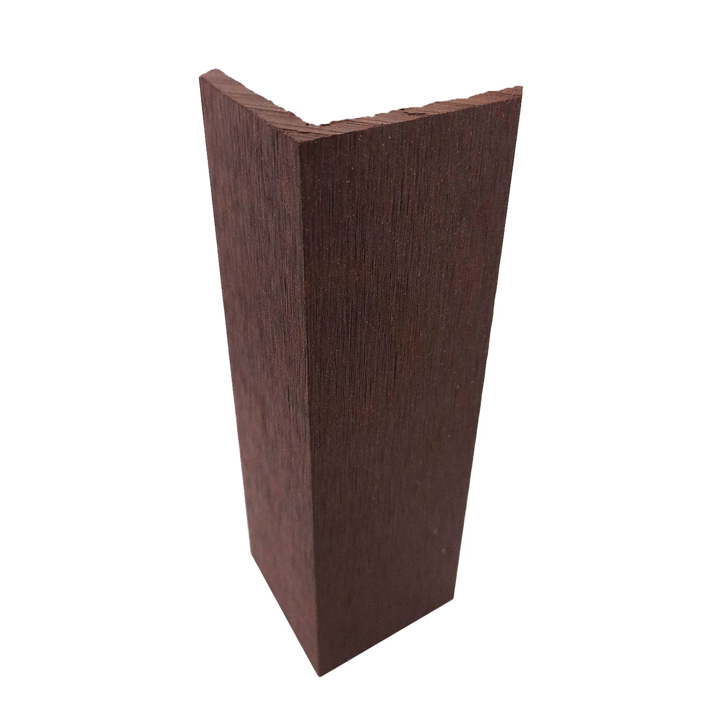 Vista vertical del terminal ángulo Deck Terraza Classic chocolate en WPC, perfil en L para remate de borde (vista de canto)