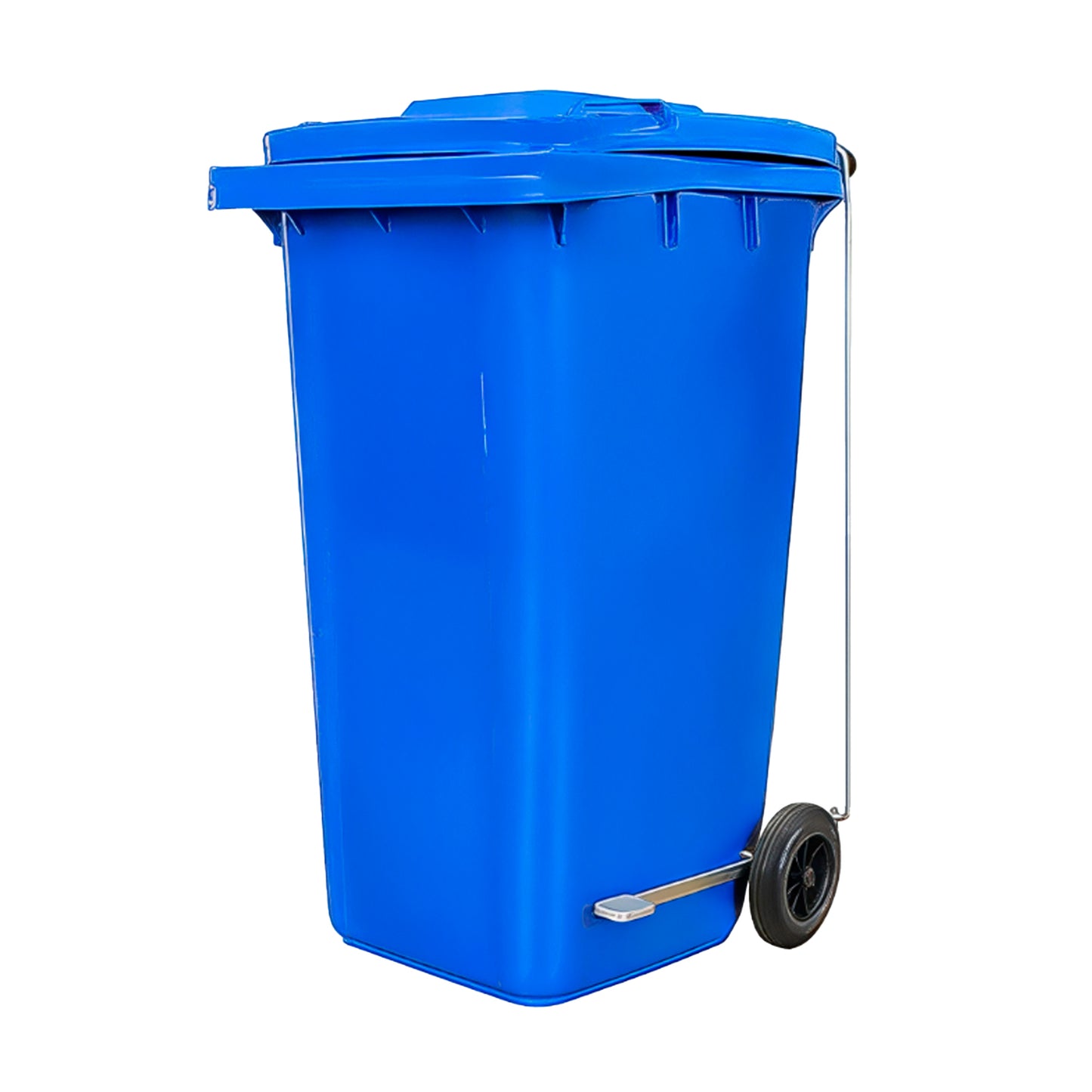 Contenedor de basura azul con pedal metálico trasero para apertura sin contacto, accesorio compatible 240 litros.