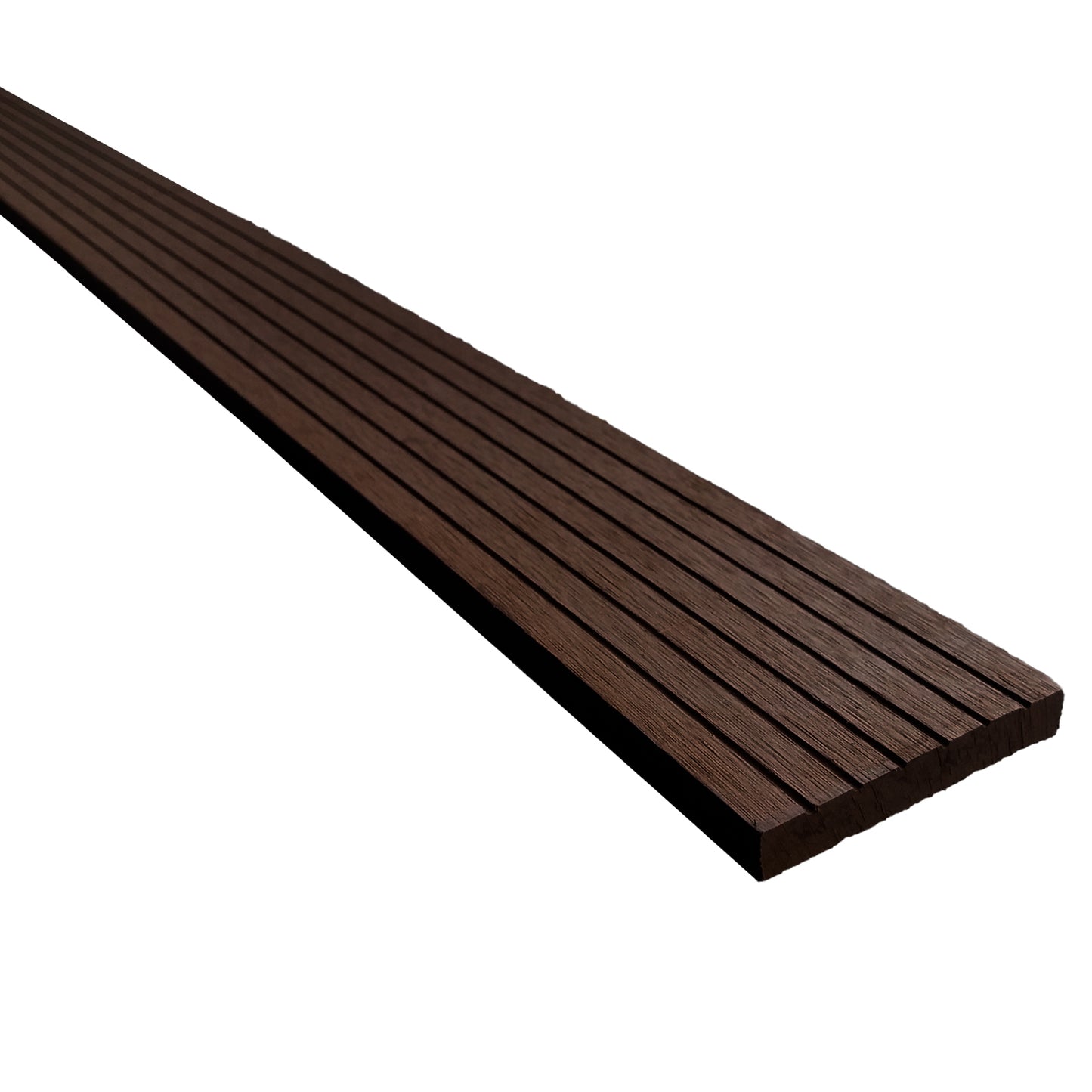 Perfil terminal recto Deck Terraza Classic chocolate 71x10x2200 mm en WPC, pieza de terminación perimetral con superficie acanalada