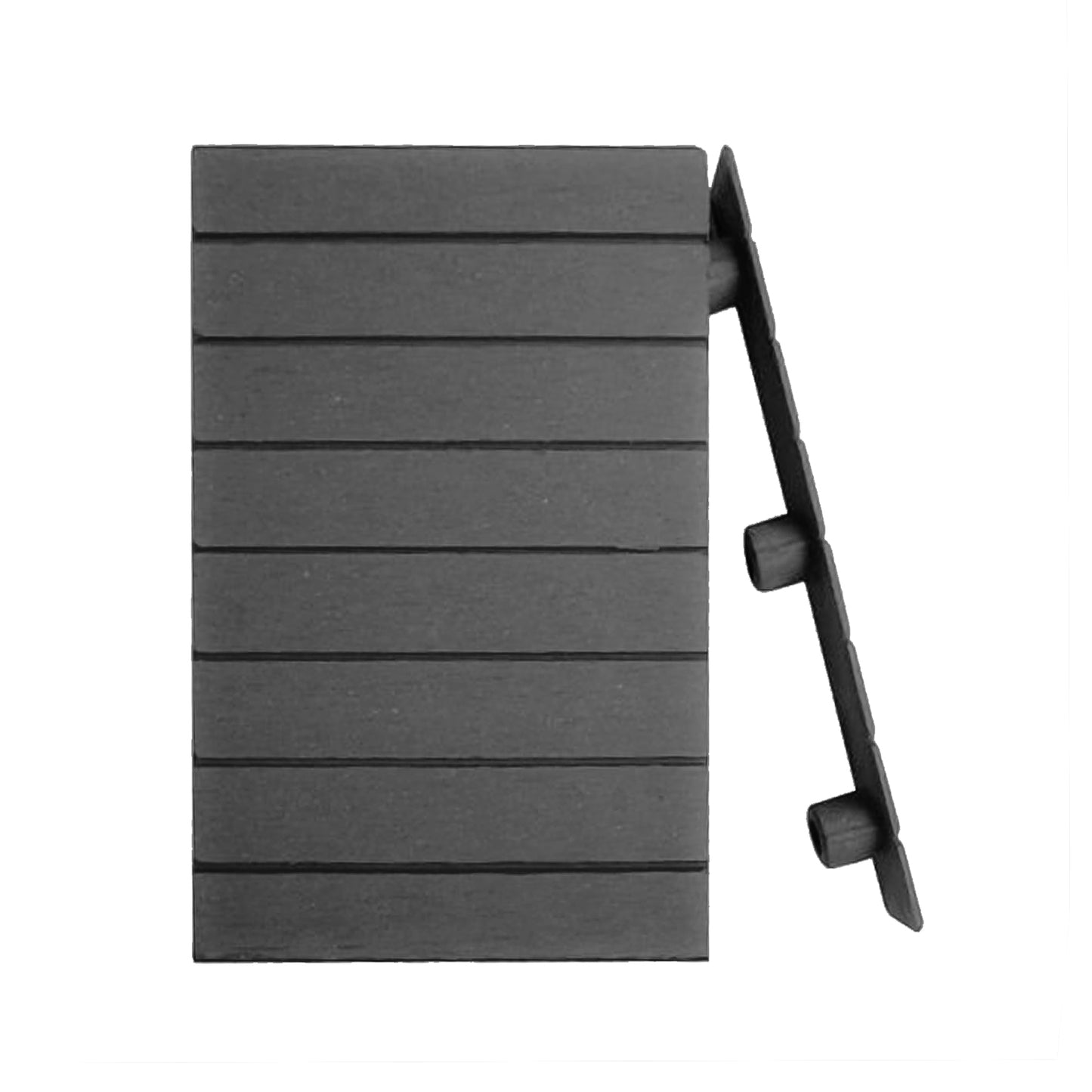 Terminación encastrable Deck Terraza gris 135x25x16 mm, pieza de remate para extremo de tabla con vista frontal y lateral de encaje