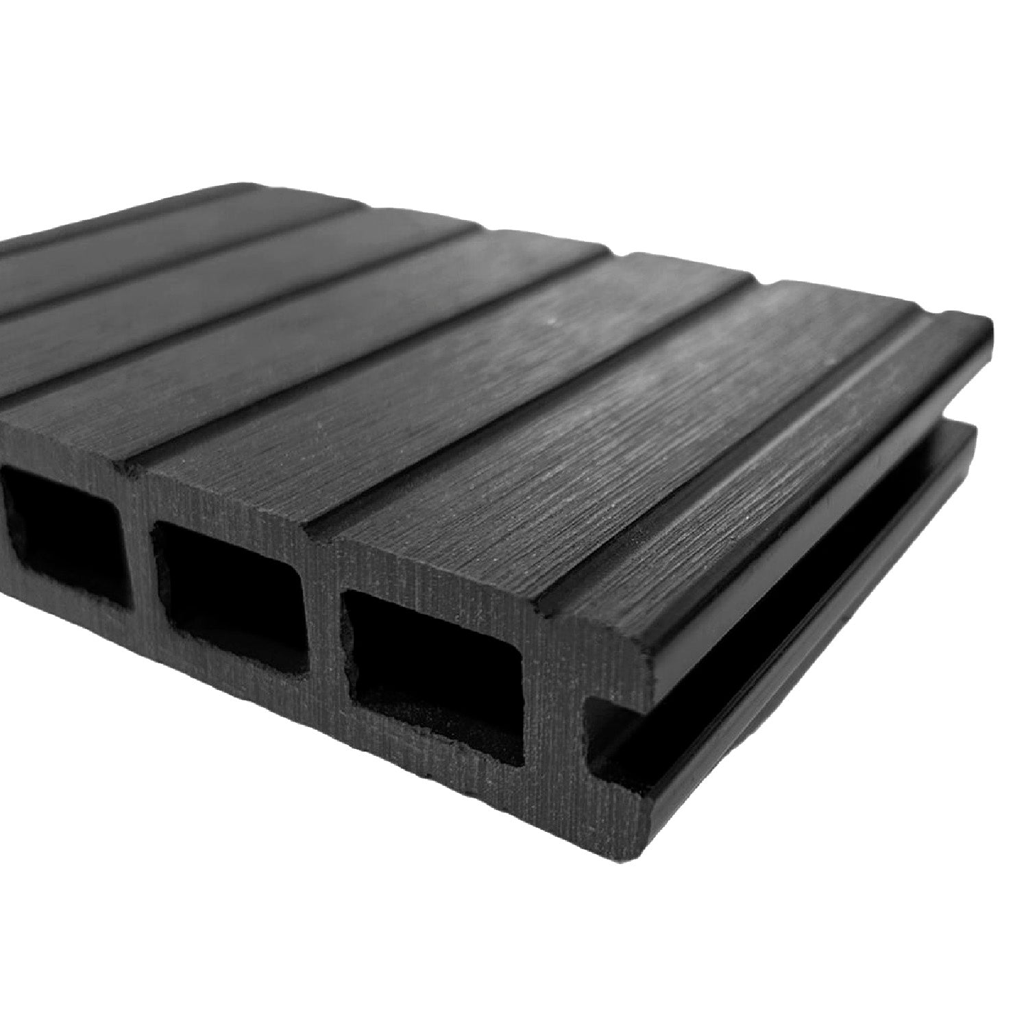 Tabla Deck Terraza WPC, vista del extremo con sección alveolar y superficie superior acanalada
