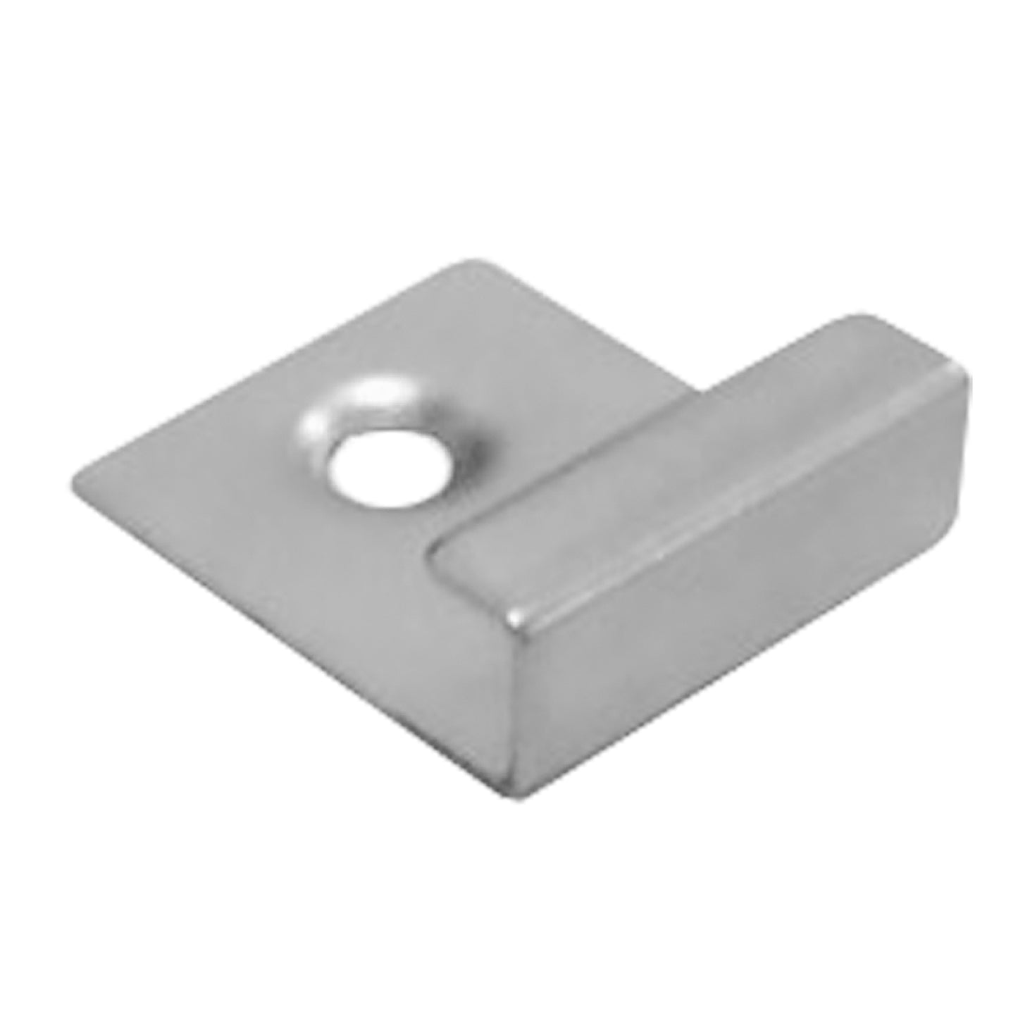 Fijación metálica de inicio con perno para Deck Terraza rústico, perfil de arranque en acero inoxidable con ala de apoyo y perforación (vista en ángulo)