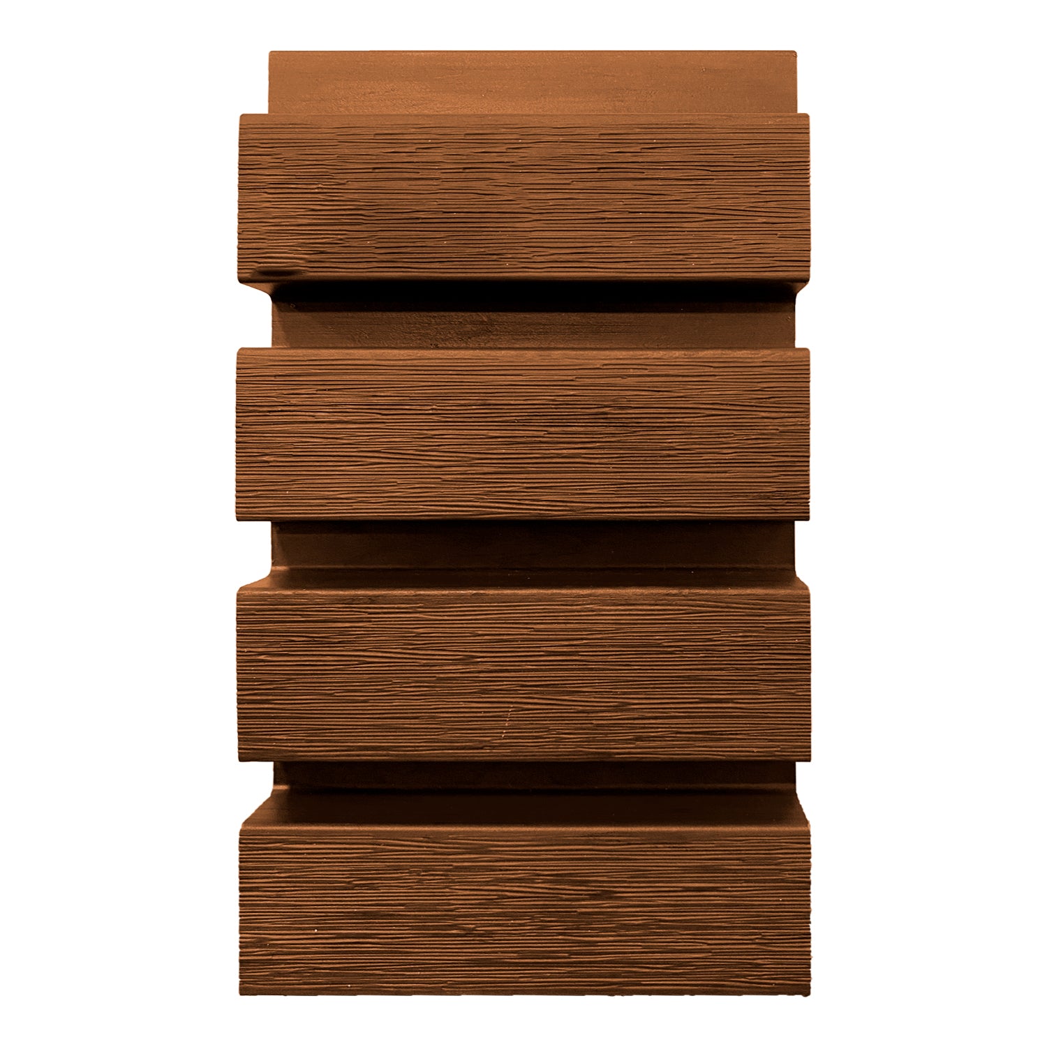 Vista frontal de tablas cladding Wallpanel WPC color madera, listones apilados con textura tipo madera para revestimiento vertical