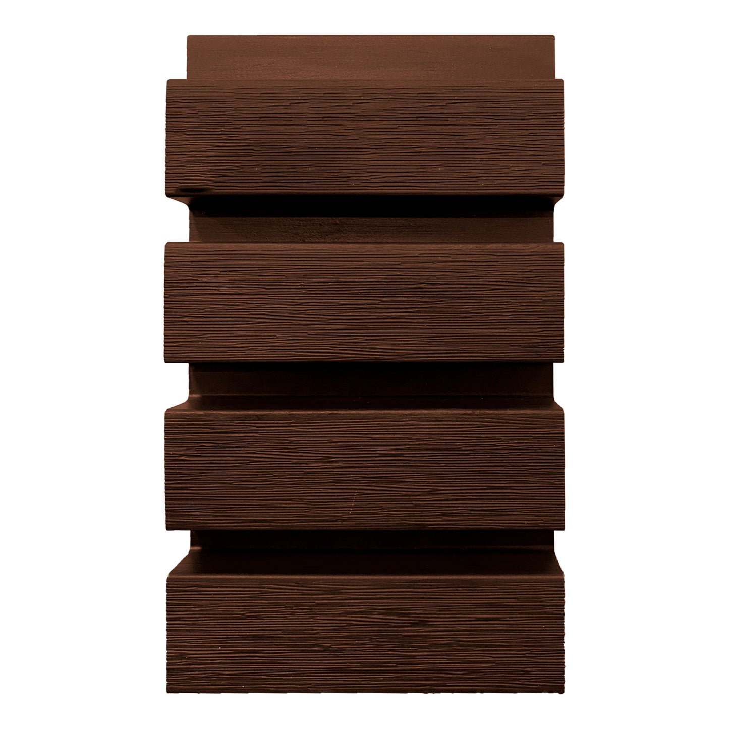 Vista frontal de tablas cladding Wallpanel WPC chocolate, listones apilados con textura tipo madera para revestimiento vertical