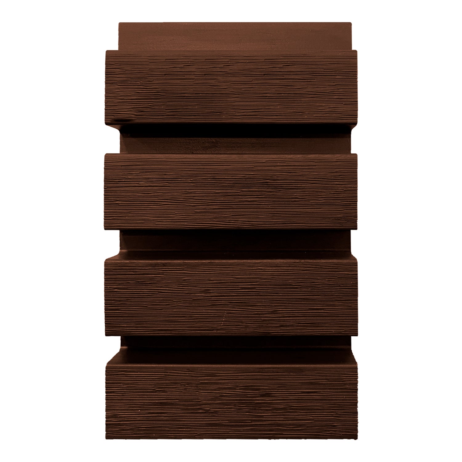 Vista frontal de tablas cladding Wallpanel WPC chocolate, listones apilados con textura tipo madera para revestimiento vertical