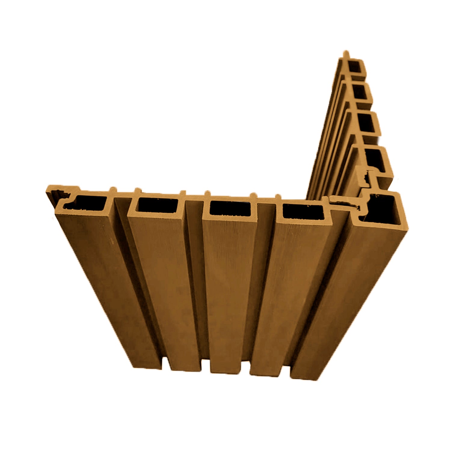 Vista en sección de esquinero exterior Cladding Wallpanel WPC color madera, perfil en L con cavidades internas para remate de esquinas exteriores