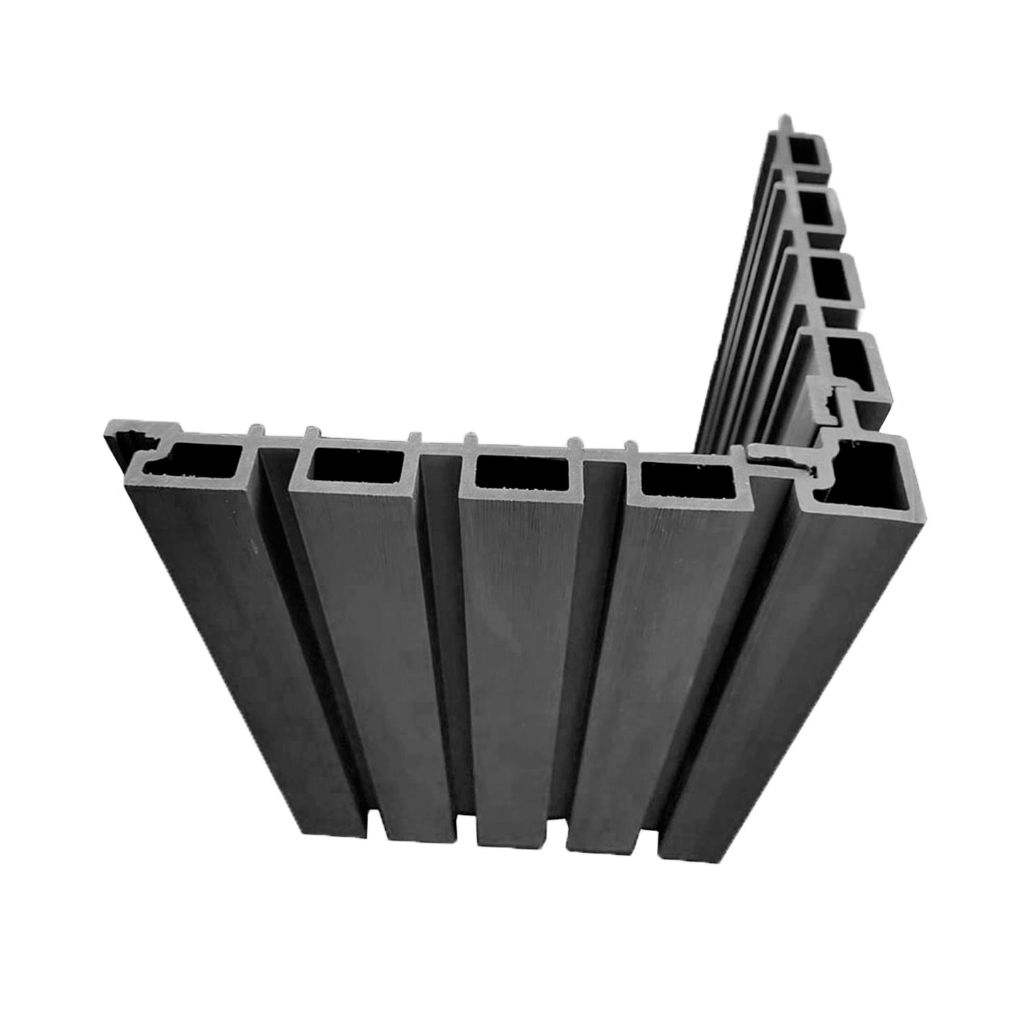 Vista en sección de esquinero exterior Cladding Wallpanel WPC gris, perfil en L con cavidades internas para remate de esquinas exteriores