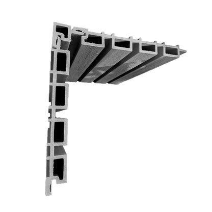 Vista en sección de esquinero interior Cladding Wallpanel WPC gris, perfil en L con cavidades internas para remate de esquinas interiores