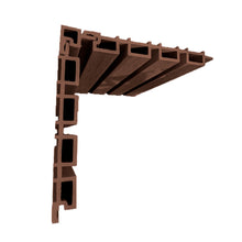 Vista en sección de esquinero interior Cladding Wallpanel WPC chocolate, perfil en L con cavidades internas para remate de esquinas interiores