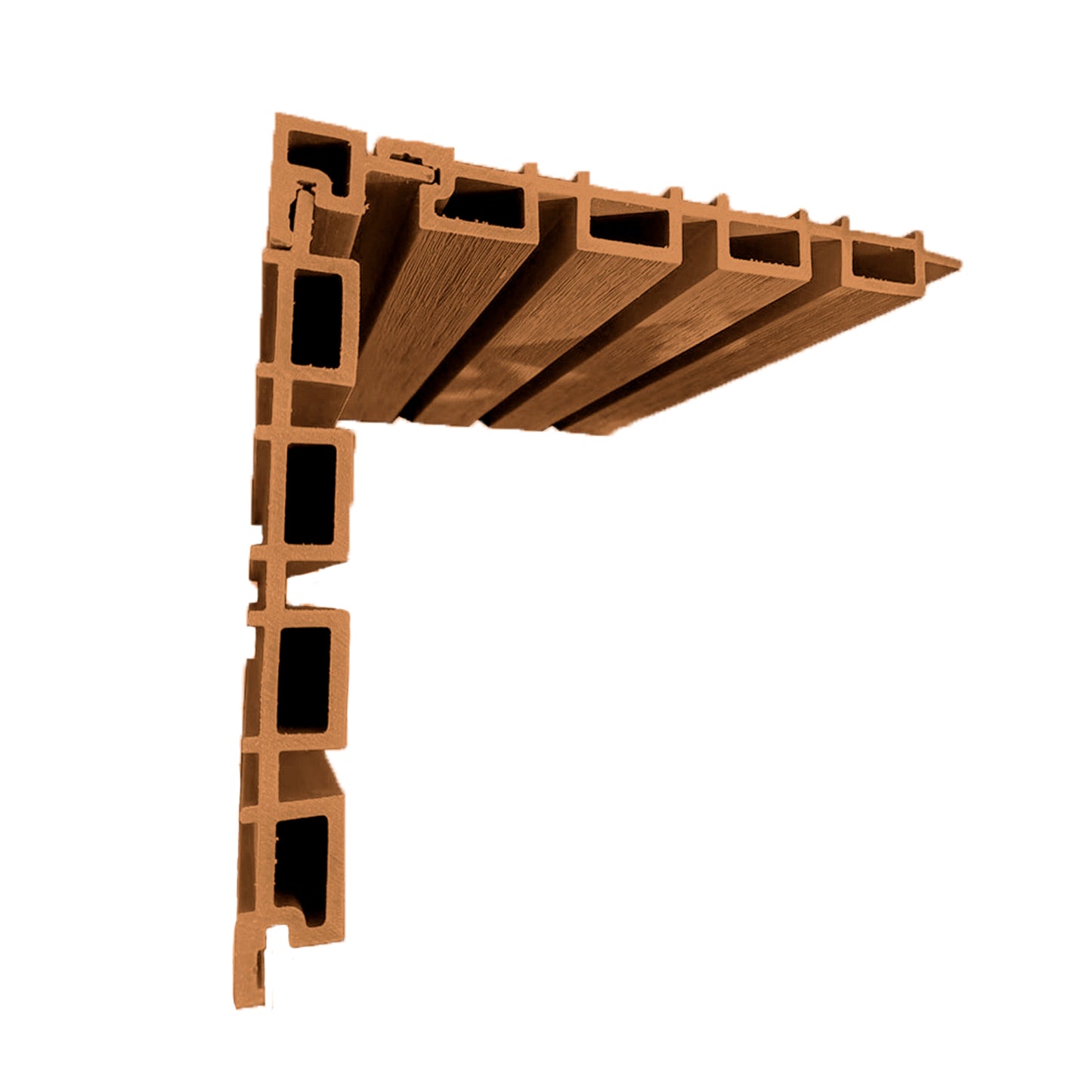 Vista en sección de esquinero interior Cladding Wallpanel WPC color madera, perfil en L con cavidades internas para remate de esquinas interiores