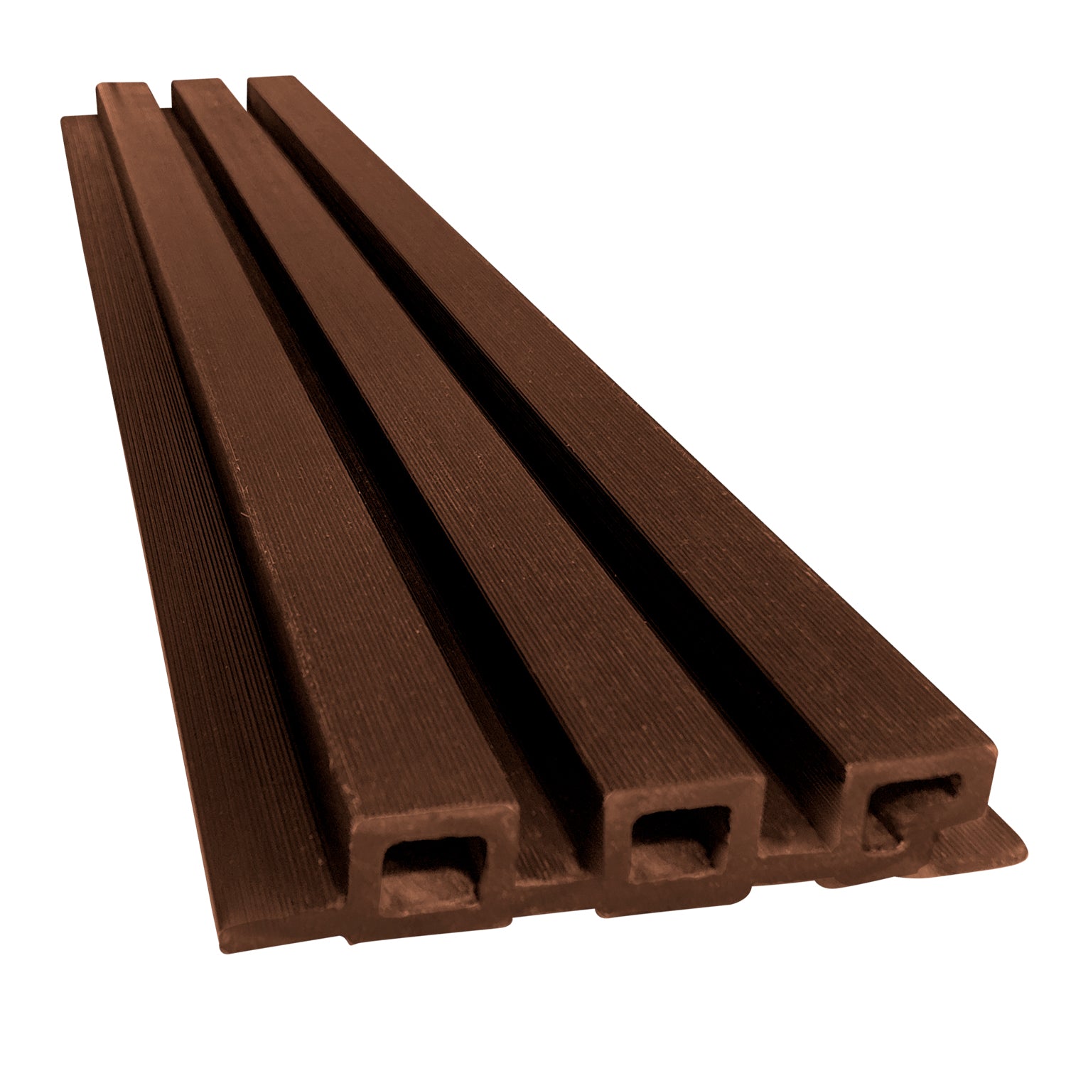 Perfil de cladding Wallpanel WPC color chocolate tipo Small, listón acanalado con cavidades internas para revestimiento de muro y fachada