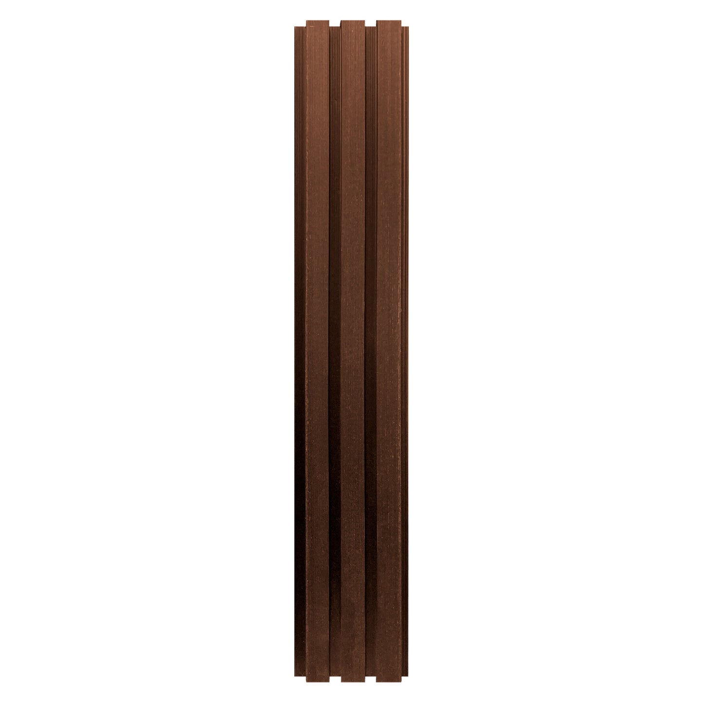 Vista lateral de perfil cladding Wallpanel WPC chocolate Small, sección acanalada con cámaras internas para instalación en muros exteriores/interiores