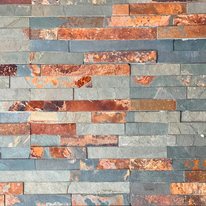 Vista frontal fachaleta Indo Oxidada en piedra natural formato palmeta 15x55 cm