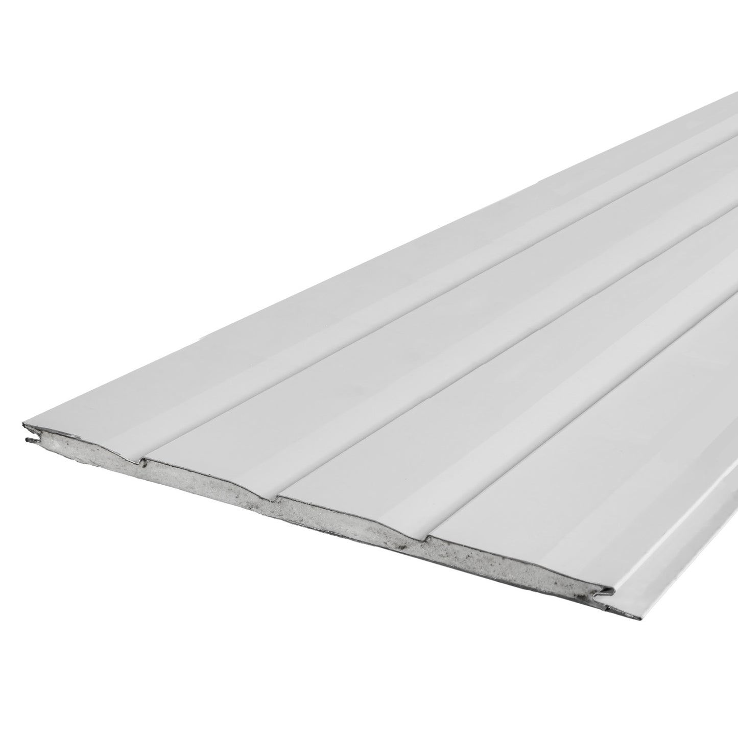 Perspectiva de siding metálico blanco 290 x 38 x 1,6 cm para revestimiento exterior de fachadas