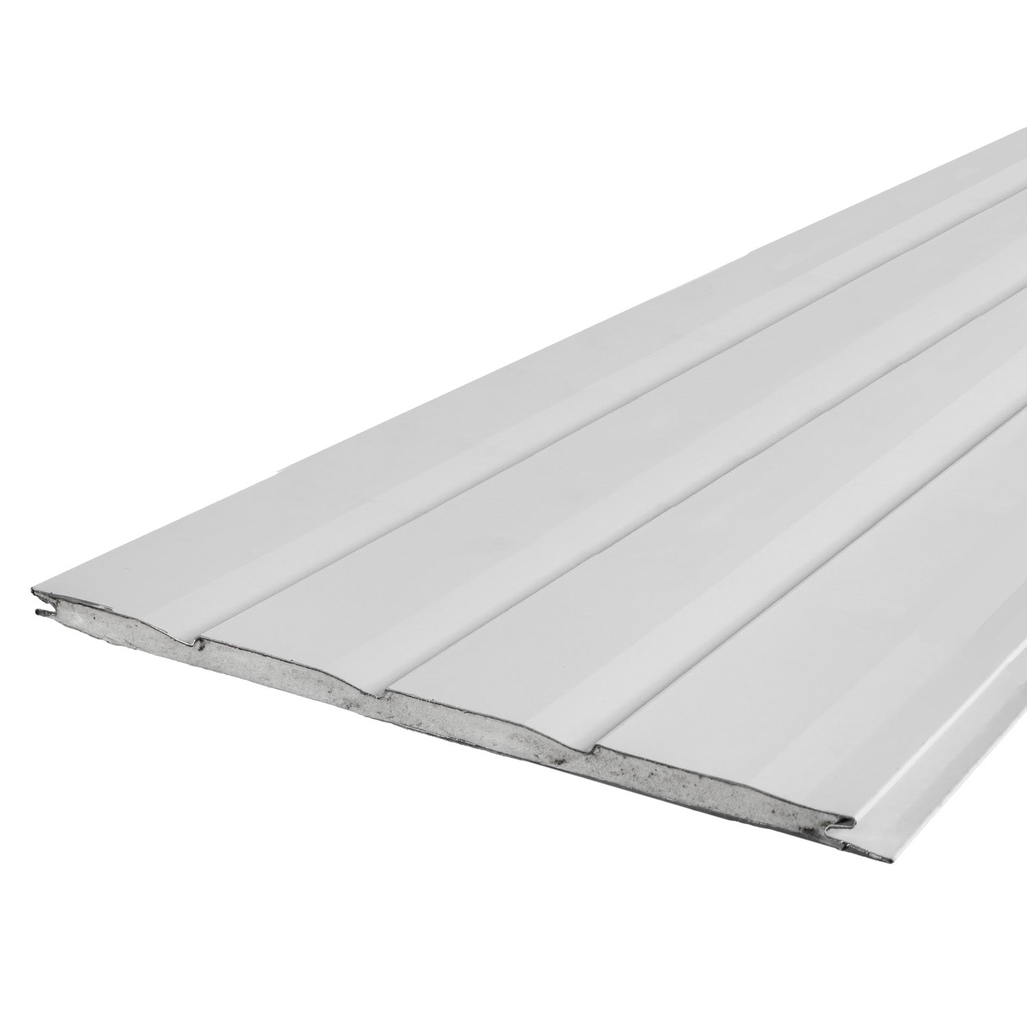 Perspectiva de siding metálico blanco 290 x 38 x 1,6 cm para revestimiento exterior de fachadas