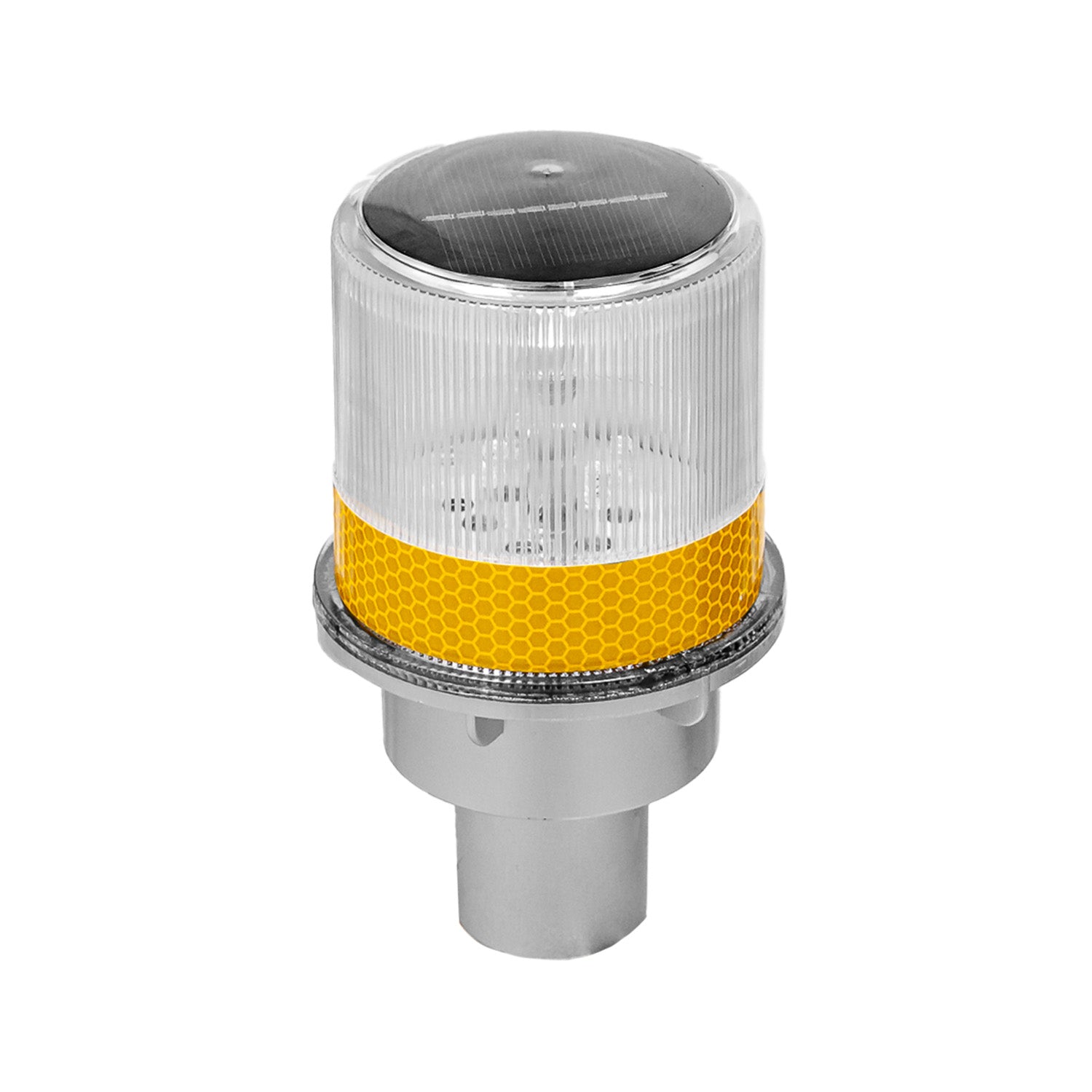 Baliza solar amarilla para cono de señalización vial, vista lateral mostrando el vástago de instalación y cuerpo metálico inferior.