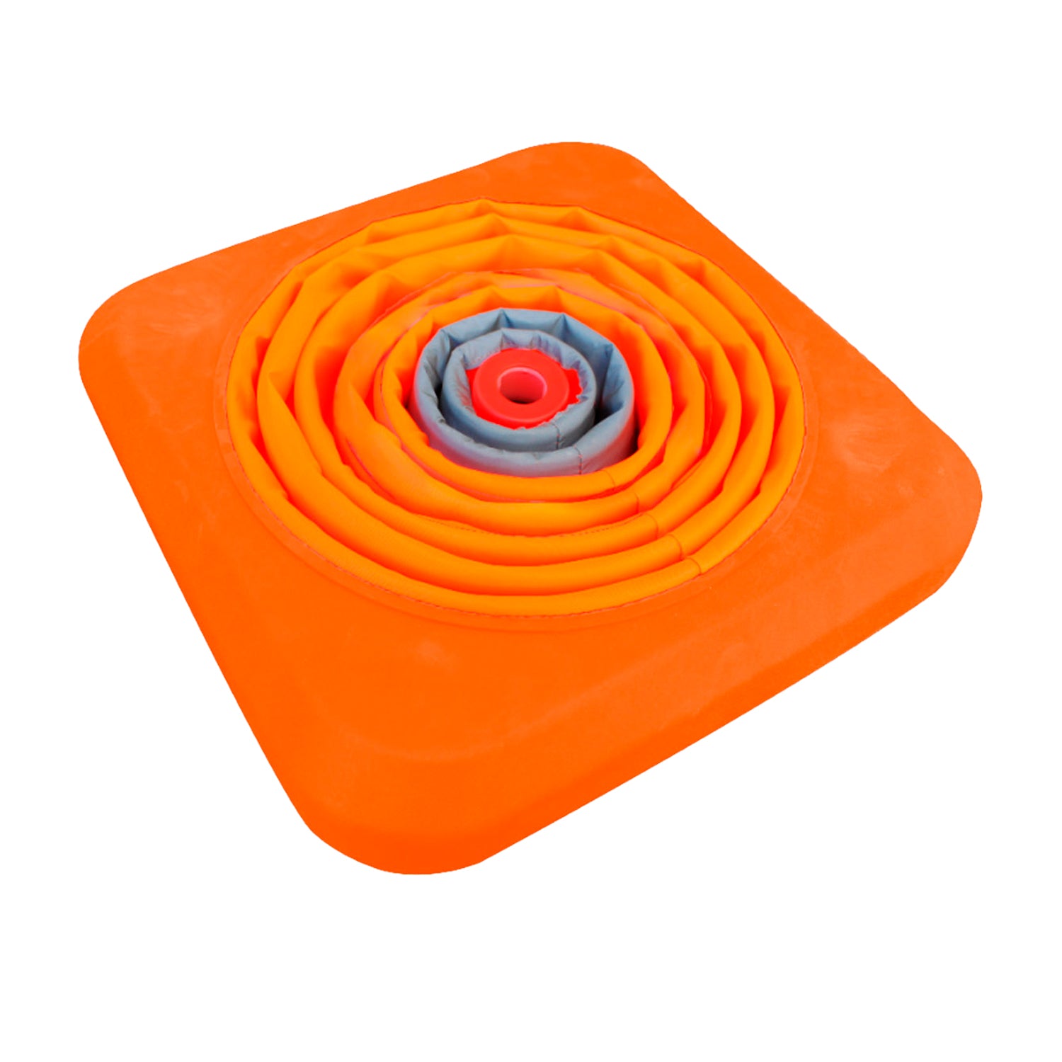Base cuadrada pesada color naranja para cono retráctil 28", vista superior con estructura plegada en espiral para almacenamiento compacto