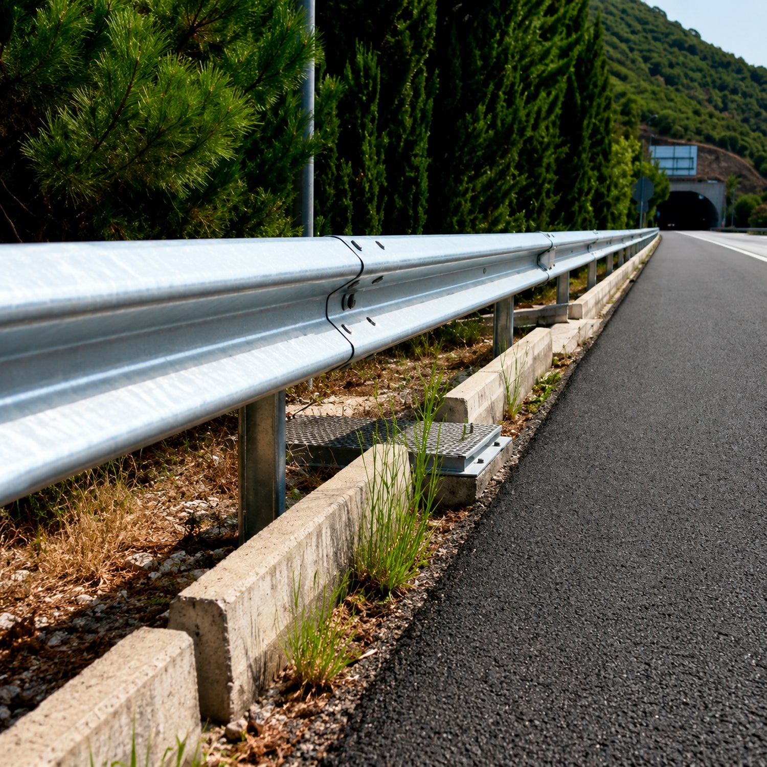 Defensa caminera doble onda instalada en carretera para contención vehicular lateral