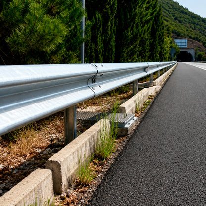 Defensa caminera doble onda instalada en carretera para contención vehicular lateral