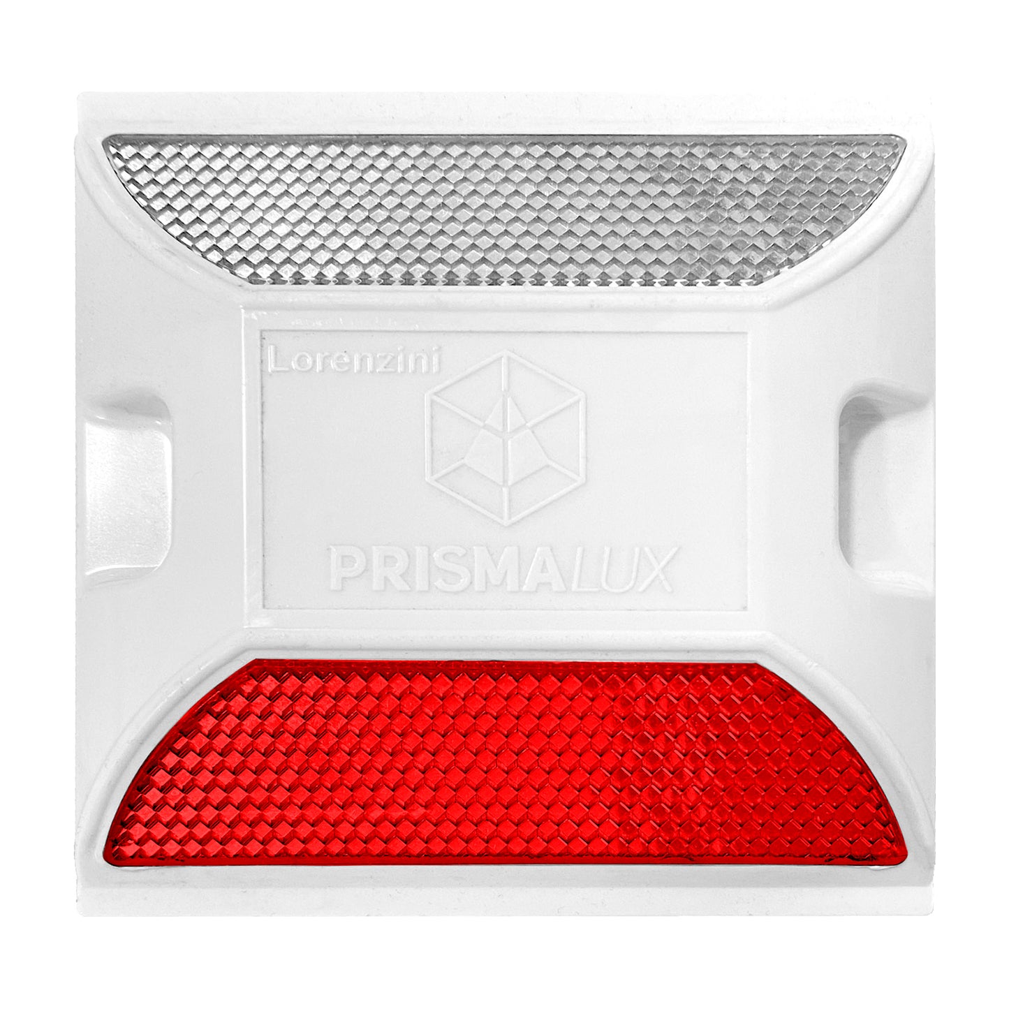 Tacha reflectiva PrismaLux vista cenital mostrando superficie reflectante para demarcación vial