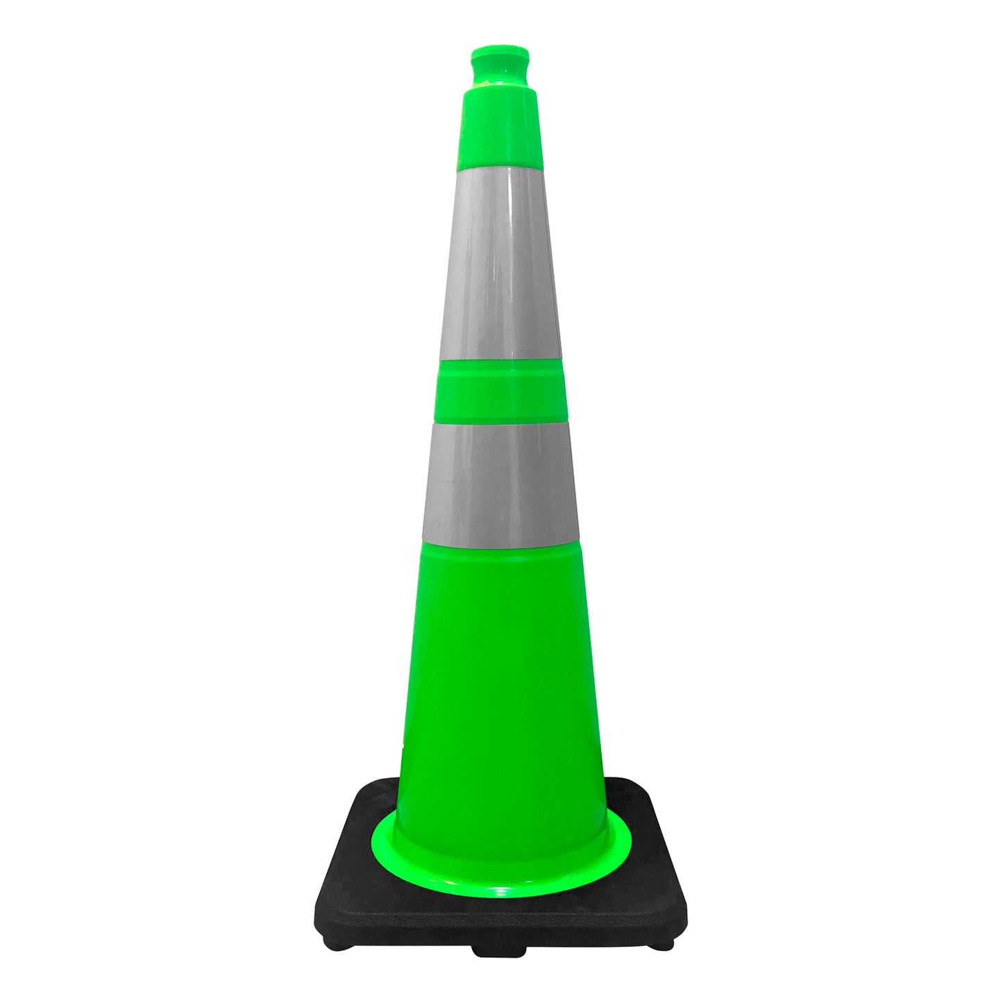Cono de señalización vial color verde con base negra y bandas reflectivas grises para canalización y delimitación de tránsito