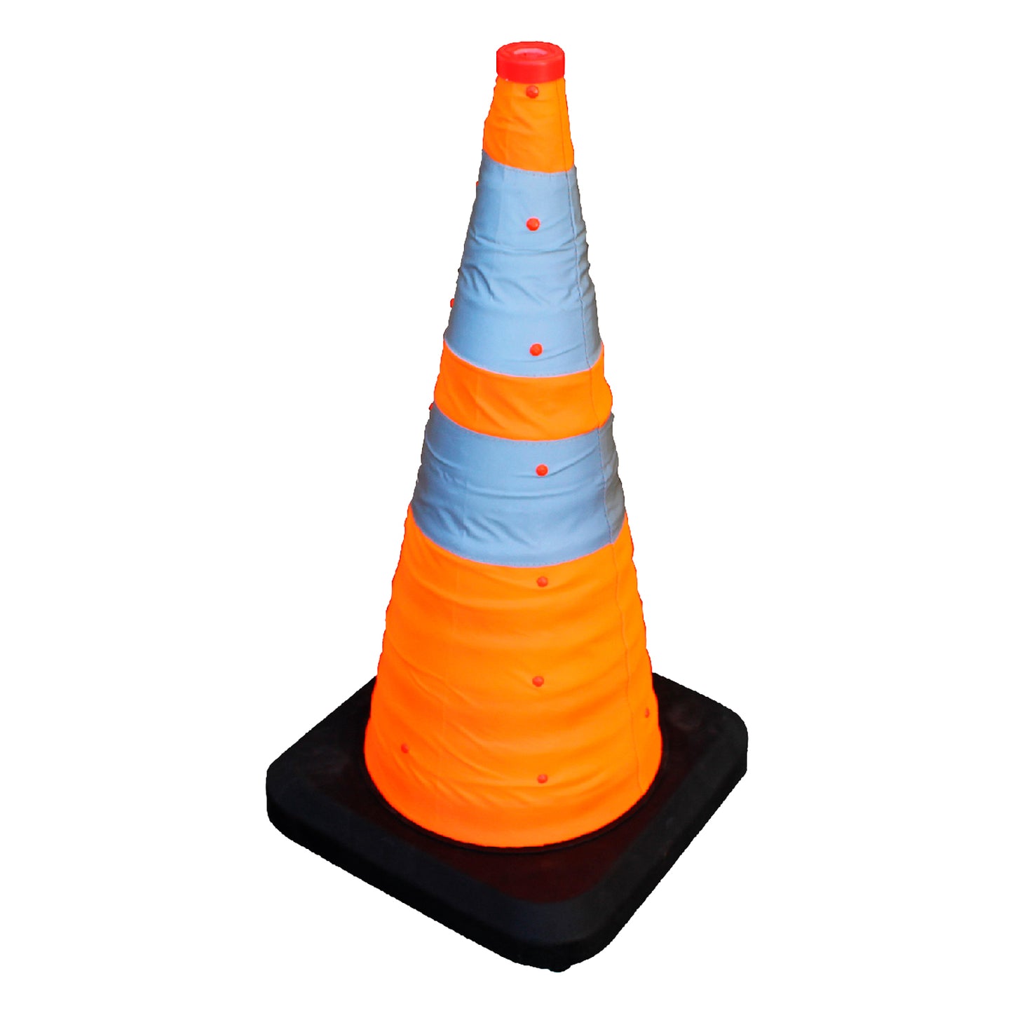 Cono retráctil 28" con base pesada negra, cuerpo plegable PVC + tela y cintas reflectivas Grado Ingeniería, con LED superior para mayor visibilidad