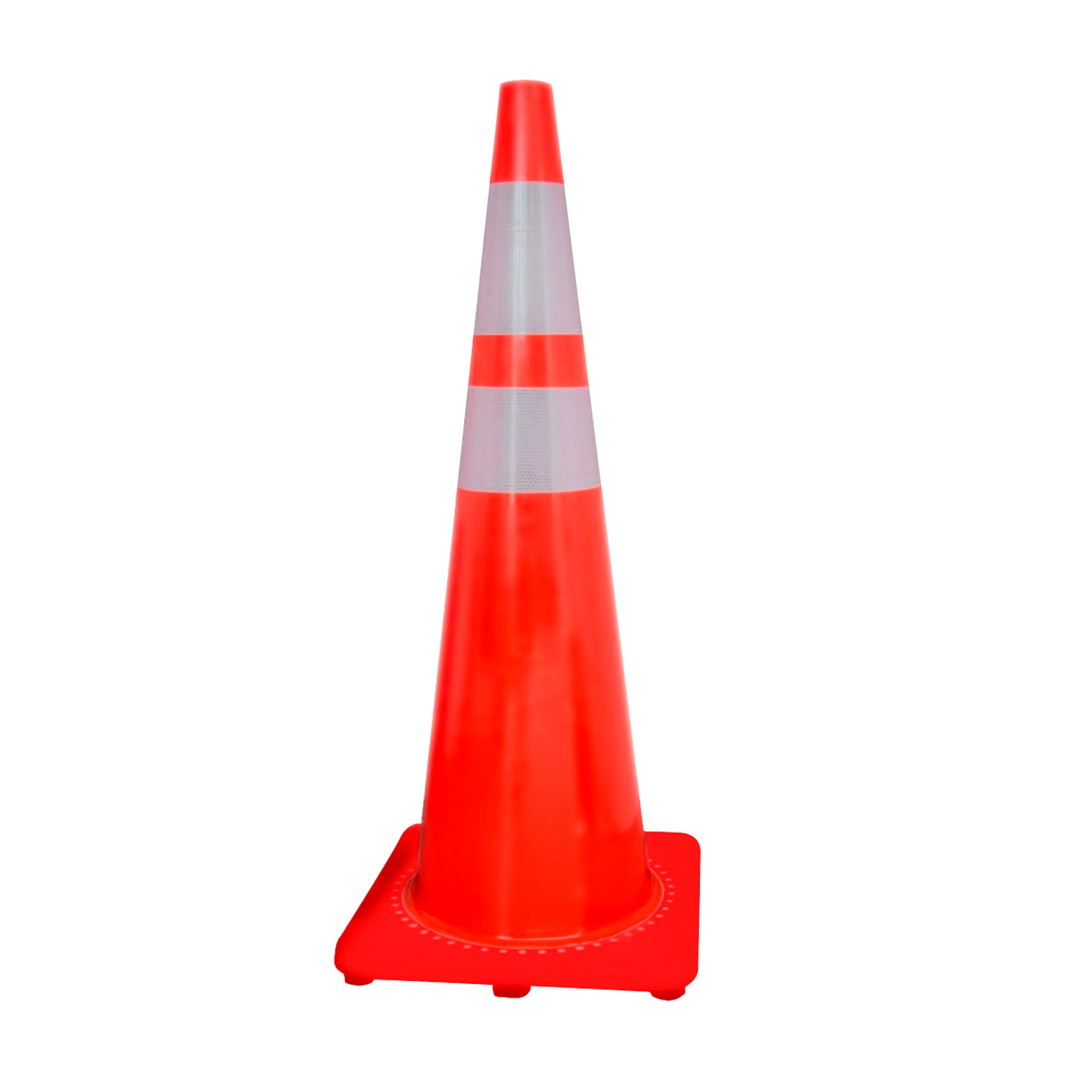 Cono de señalización vial 36" en PVC con base naranja anti viento y 2 cintas reflectivas Alta Intensidad, para canalización y control de tránsito